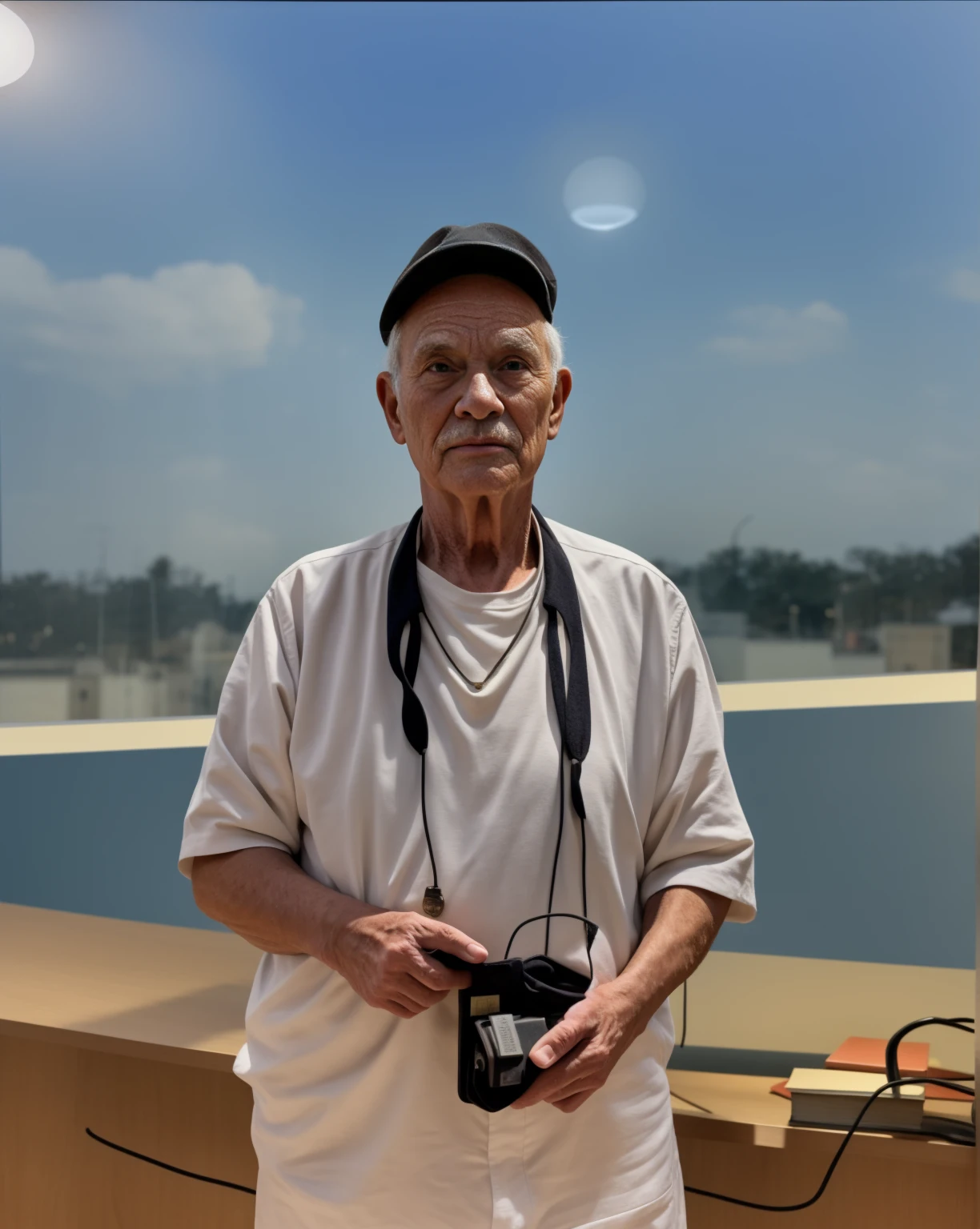 A wise old man standing in front, illuminated by the light of a lamp, against the backdrop of a library