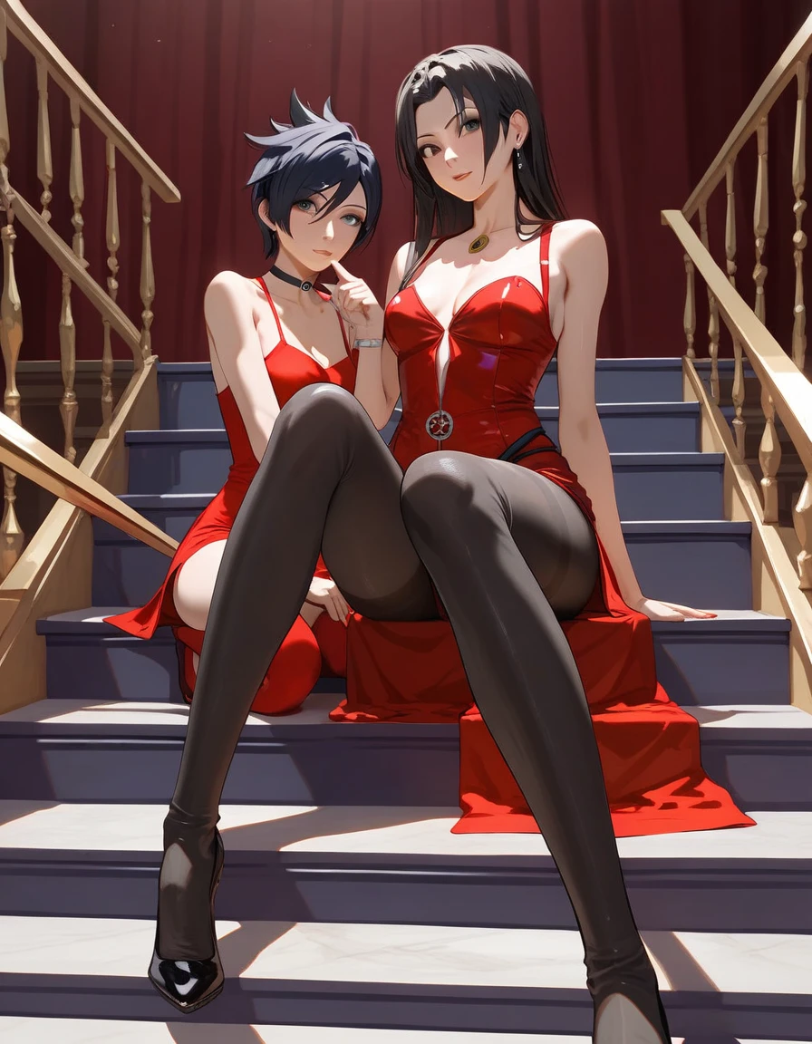 ada wong in a red dress and black tights sitting on a staircase, glamorous ada wong, Elizabeth from Bioshock Infinity, Faye Valentine, Anya from Spy X Family, Faye Valentine from Cowboy Bebop, Quiet from Metal Gear Solid, Rin Tohsaka, Amouranth , Tracer in a skintight dress, ada wong in a tight short dress, anime, nu anatomicamente correto, super detalhado, alta qualidade, 4K, anatomicamente correto, altos detalhes, superdetalhado, 4K