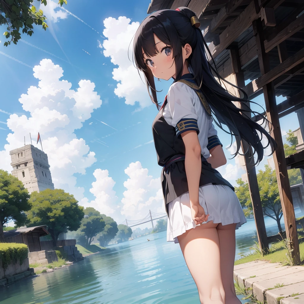 かわいいAncient Egyptの15歳の女の子、Ancient Egypt、View of the Nile、A colorful view of the whole、whole body、Low - Angle、Standing posture、Reeds are growing、Ancient Egyptの船、Ancient Egyptの風景
