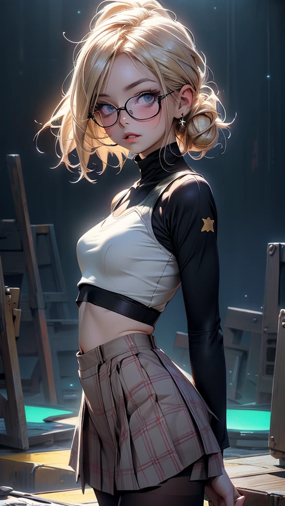 glow，masterpiece, beautiful, 4K, best quality, oil painting portrait style， cute face, big breasts,  blonde，high ponytail，round frame glasses， pantyhose, Plaid skirt，Star decoration,(nsfw:0.55), ((flat chested, flat stomach, )), (intense colors)