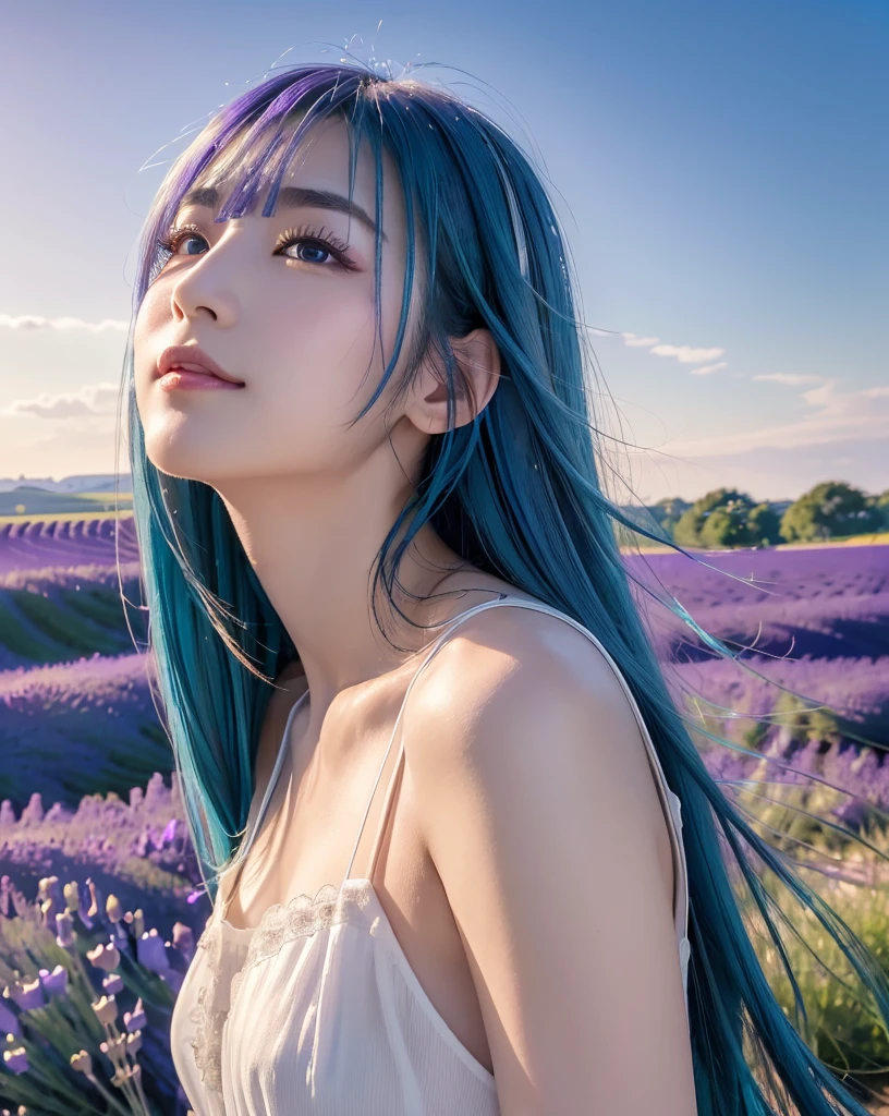 (Highest quality, 32K, High resolution, Masterpiece:1.5), marimo_jet, god々A photograph with brilliant dazzling and healing power., Evoking a sense of calm and elusive beauty, Expressing emotions, Have a rich imagination, Beautiful Japanese Girls, An exceptionally beautiful face, ((Looking up at the sky:1.4)), Small Face Beauty, , Perfect Human Anatomy, Magical big eyes, Motherhood and generosity, Deep Love, fleeting smile, (shiny blue hair:1.2), Super long hair swaying in the wind, Asymmetrical bangs, Hair between the eyes, Transparent, soft white skin, Sharp eyebrows, Thin lashes, ((Natural Makeup:1.3)), White dress, High resolutionの完璧な鎖骨, High resolutionの美しい胸元, Slim figure with ample breasts, High resolutionの美しい太もも, ((Distant Horizon:1.5)), ((Lavender fields stretching to the horizon:1.3)), Beautiful detailed blue sky, Professional photographer, Professional Lighting, Professional models