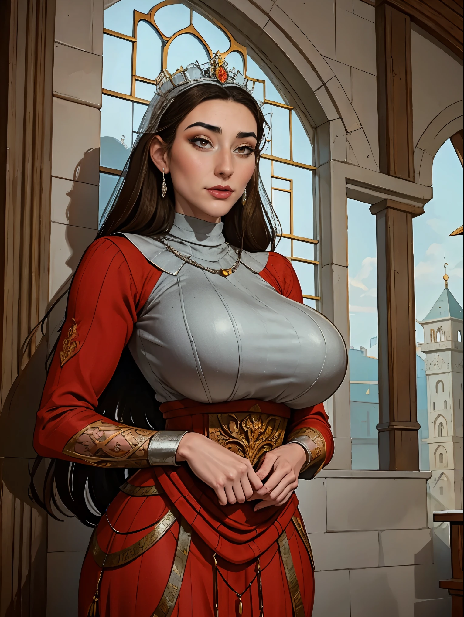 Beautiful and regal, imperious and aloof, busty athletic (thin) brunette queen with sharp facial features wearing a modest updo, dark red medieval dress, long sleeves, intricate patterns, scrollwork, wide neck, crown, veil, long dress, modest dress, tight bodice, (silver waist chain), medieval jewelry, Middle Ages, castle, rampart, wall, stained glass