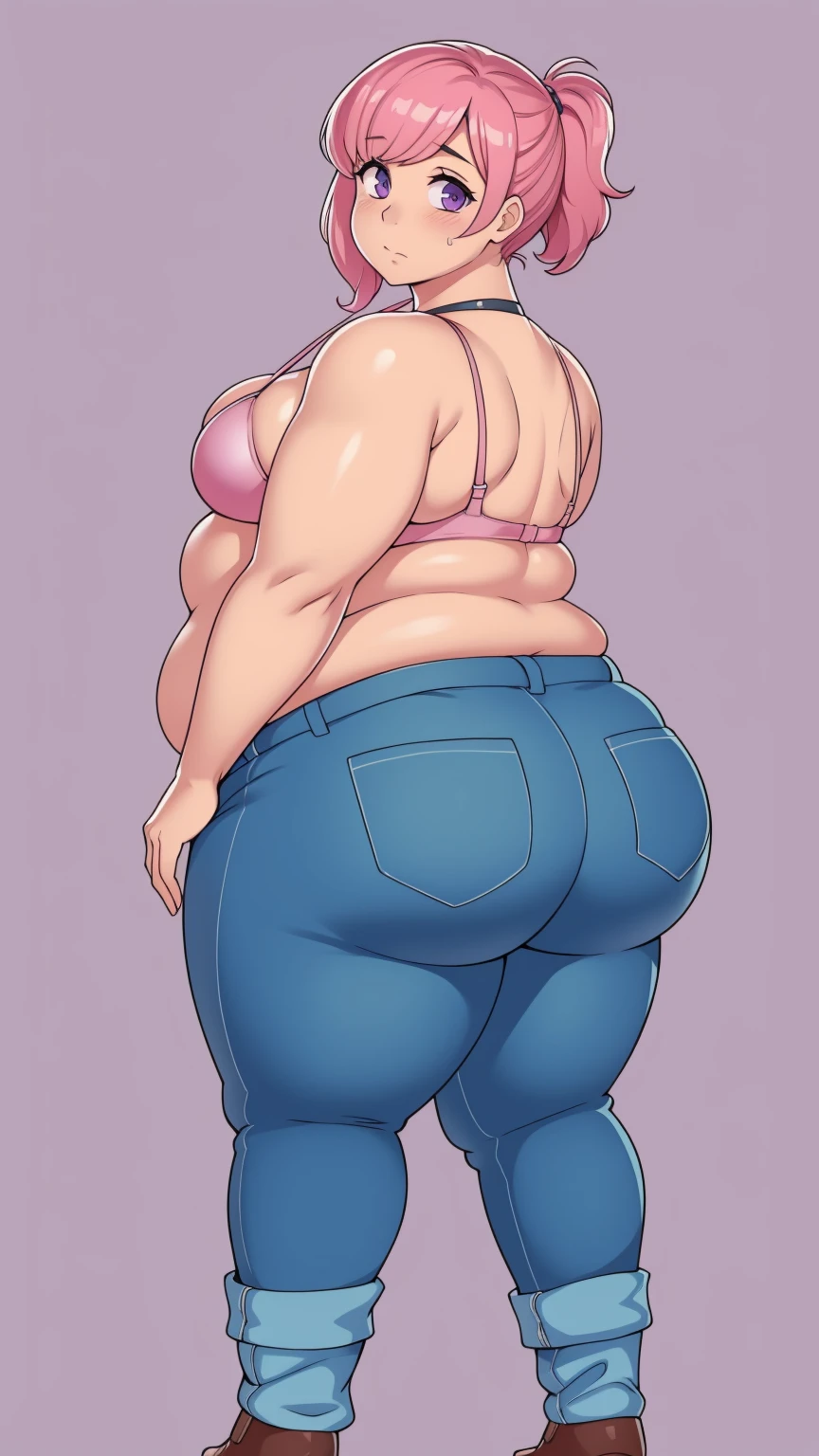 (Morbidly obese:1.0)Back turned, looking back at viewer,cute butt, sad, farm backround, Full body, looking at viewer, 1girl, solo, short pink hair, (purple eyes), pink bikini