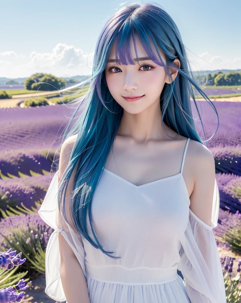 (Highest quality, 32K, High resolution, Masterpiece:1.5), marimo_jet, god々A photograph with brilliant dazzling and healing power., Evoking a sense of calm and elusive beauty, Expressing emotions, Have a rich imagination, Beautiful Japanese Girls, An exceptionally beautiful face, ((Looking up at the sky:1.4)), Small Face Beauty, , Perfect Human Anatomy, Magical big eyes, Motherhood and generosity, Deep Love, fleeting smile, (shiny blue hair:1.2), Super long hair swaying in the wind, Asymmetrical bangs, Hair between the eyes, Transparent, soft white skin, Sharp eyebrows, Thin lashes, ((Natural Makeup:1.3)), White dress, High resolutionの完璧な鎖骨, High resolutionの美しい胸元, Slim figure with ample breasts, High resolutionの美しい太もも, ((Distant Horizon:1.5)), ((Lavender fields stretching to the horizon:1.3)), Beautiful detailed blue sky, Professional photographer, Professional Lighting, Professional models