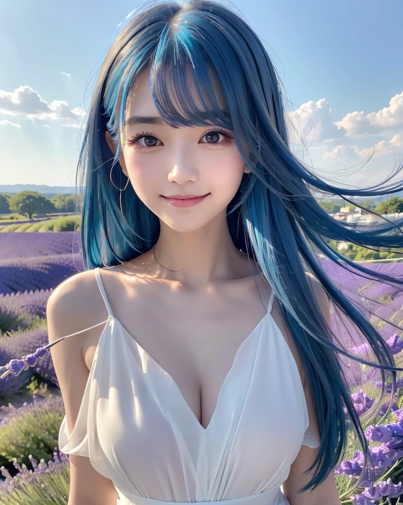 (Highest quality, 32K, High resolution, Masterpiece:1.5), marimo_jet, god々A photograph with brilliant dazzling and healing power., Evoking a sense of calm and elusive beauty, Expressing emotions, Have a rich imagination, Beautiful Japanese Girls, An exceptionally beautiful face, Small Face Beauty, , Perfect Human Anatomy, Magical big eyes, Motherhood and generosity, Deep Love, fleeting smile, (shiny blue hair:1.2), Super long hair swaying in the wind, Asymmetrical bangs, Hair between the eyes, Transparent, soft white skin, Sharp eyebrows, Thin lashes, ((Natural Makeup:1.3)), White dress, High resolutionの完璧な鎖骨, High resolutionの美しい胸元, Slim figure with ample breasts, High resolutionの美しい太もも, ((Distant Horizon:1.5)), ((Lavender fields stretching to the horizon:1.3)), Beautiful detailed blue sky, Professional photographer, Professional Lighting, Professional models