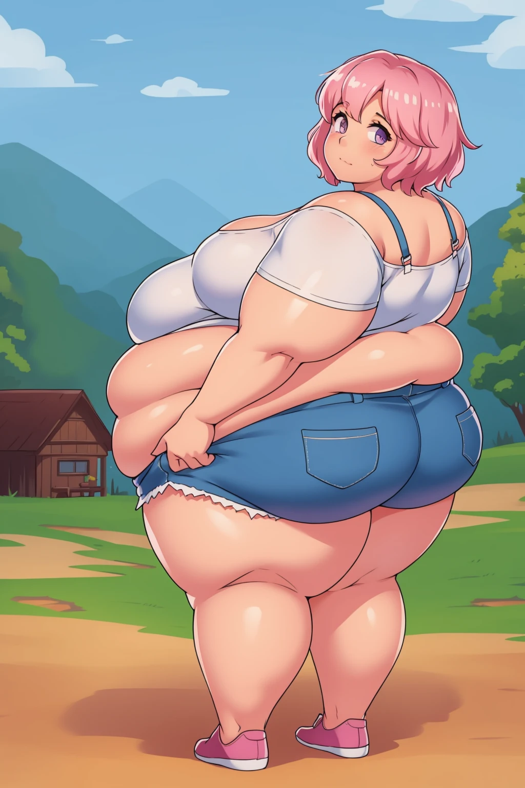 (Morbidly obese:1.0)Back turned, looking back at viewer,cute butt, sad, farm backround, Full body, looking at viewer, 1girl, solo, short pink hair, (purple eyes), pink bikini