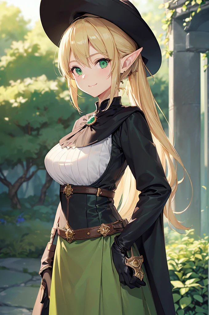 (((masterpiece; best quality: 1.2))), (finely detailed eyes: 1.3), (25 year old elf woman), (solo), (green eyes: 1.4), (body; big breasts, fit, femenine: 1.3), (silky blonde hair in low ponytail: 1.3), (beautiful and clear background: 1.2), ((depth of field)), (equipment: adventurer garb + modest + elegant wide-brim hat + dark blouse + dark long cape + black long skirt + gloves + belt + pouches: 1.3), (anime illustration: 1.2), (background composition; royal garden: 1.1), (extremely fine and beautiful: 1.1), (shot composition; standing + centered on torso + close-up: 1.5), (expression; calm, smile: 1.2)