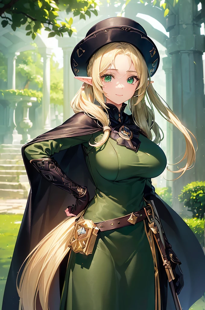 (((masterpiece; best quality: 1.2))), (finely detailed eyes: 1.3), (25 year old elf woman), (solo), (green eyes: 1.4), (body; big breasts, fit, femenine: 1.3), (silky blonde hair in low ponytail: 1.3), (beautiful and clear background: 1.2), ((depth of field)), (equipment: adventurer garb + modest + elegant wide-brim hat + dark blouse + dark long cape + black long skirt + gloves + belt + pouches: 1.3), (anime illustration: 1.2), (background composition; royal garden: 1.1), (extremely fine and beautiful: 1.1), (shot composition; standing + centered on torso + close-up: 1.5), (expression; calm, smile: 1.2)