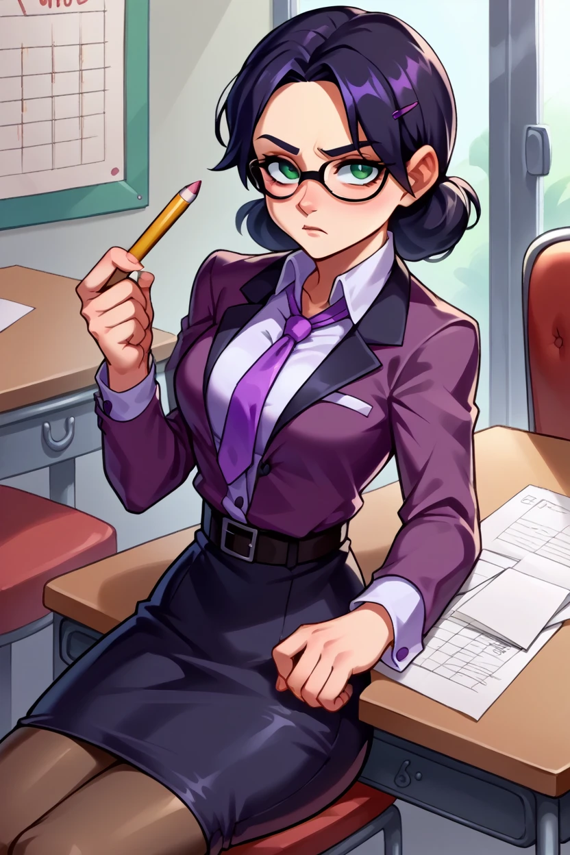 score_9, score_8_up, score_7_up, score_6_up, source_anime, BREAK 1girl,  mspauling, black hair, glasses, purple shirt, buttoned shirt, belt, black skirt, pantyhose, medium breasts, sitting, chair, desk, looking at viewer, paperwork, bored, from side, skirt suit, (((three-piece suit))), (((dress shirt))), (((necktie))), (((blazer))), (((suit jacket))), (((waistcoat))), double-breasted waistcoat, (((bodycon pencil skirt))), pocket square, cufflinks, tie clip, tight clothing, formal clothing,