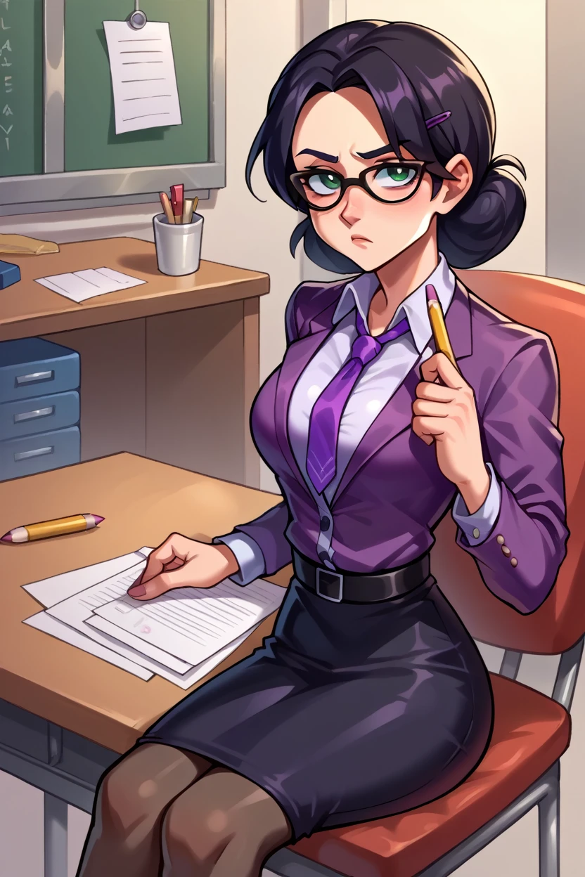 score_9, score_8_up, score_7_up, score_6_up, source_anime, BREAK 1girl,  mspauling, black hair, glasses, purple shirt, buttoned shirt, belt, black skirt, pantyhose, medium breasts, sitting, chair, desk, looking at viewer, paperwork, bored, from side, skirt suit, (((three-piece suit))), (((dress shirt))), (((necktie))), (((blazer))), (((suit jacket))), (((waistcoat))), double-breasted waistcoat, (((bodycon pencil skirt))), pocket square, cufflinks, tie clip, tight clothing, formal clothing,