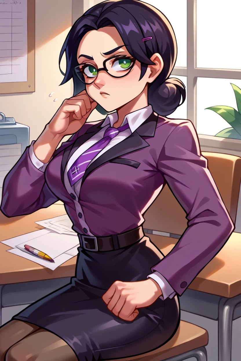 score_9, score_8_up, score_7_up, score_6_up, source_anime, BREAK 1girl,  mspauling, black hair, glasses, purple shirt, buttoned shirt, belt, black skirt, pantyhose, medium breasts, sitting, chair, desk, looking at viewer, paperwork, bored, from side, skirt suit, (((three-piece suit))), (((dress shirt))), (((necktie))), (((blazer))), (((suit jacket))), (((waistcoat))), double-breasted waistcoat, (((bodycon pencil skirt))), pocket square, cufflinks, tie clip, tight clothing, formal clothing,