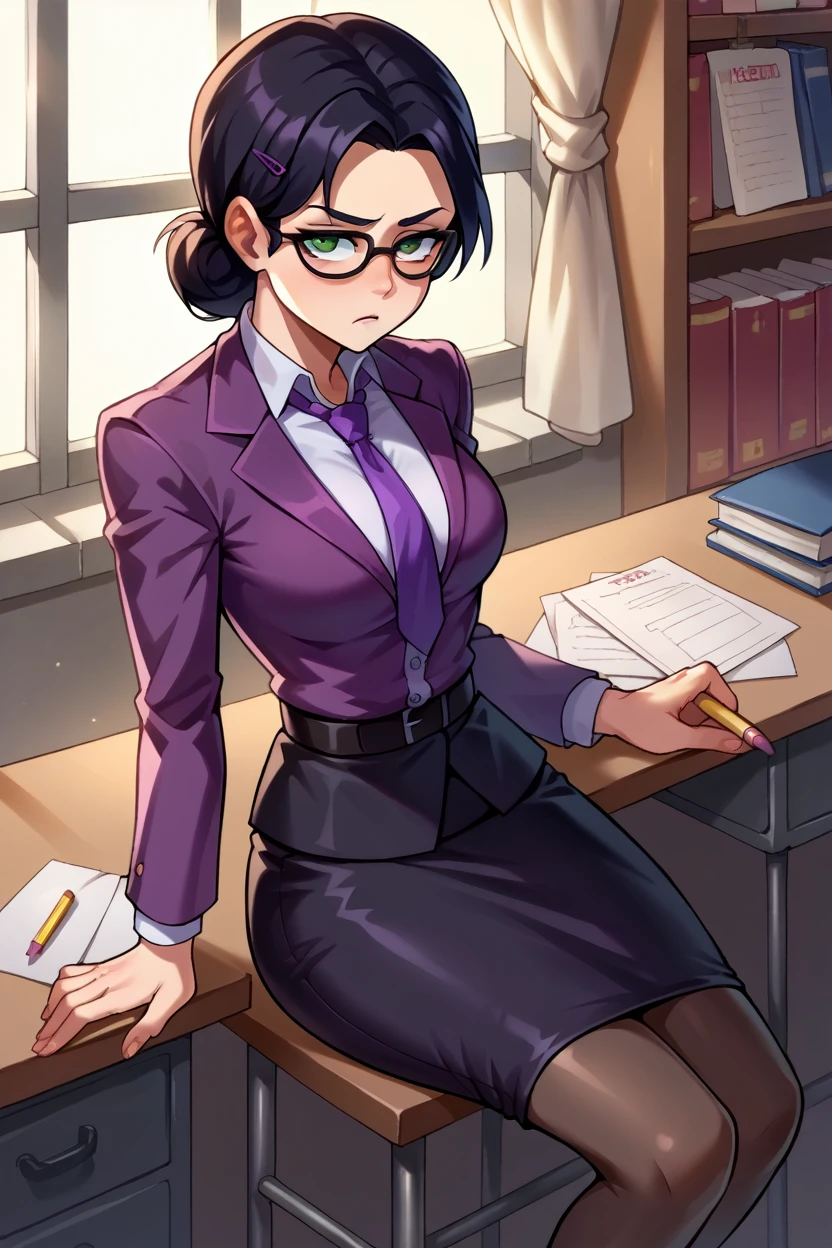 score_9, score_8_up, score_7_up, score_6_up, source_anime, BREAK 1girl,  mspauling, black hair, glasses, purple shirt, buttoned shirt, belt, black skirt, pantyhose, medium breasts, sitting, chair, desk, looking at viewer, paperwork, bored, from side, skirt suit, (((three-piece suit))), (((dress shirt))), (((necktie))), (((blazer))), (((suit jacket))), (((waistcoat))), double-breasted waistcoat, (((bodycon pencil skirt))), pocket square, cufflinks, tie clip, tight clothing, formal clothing,