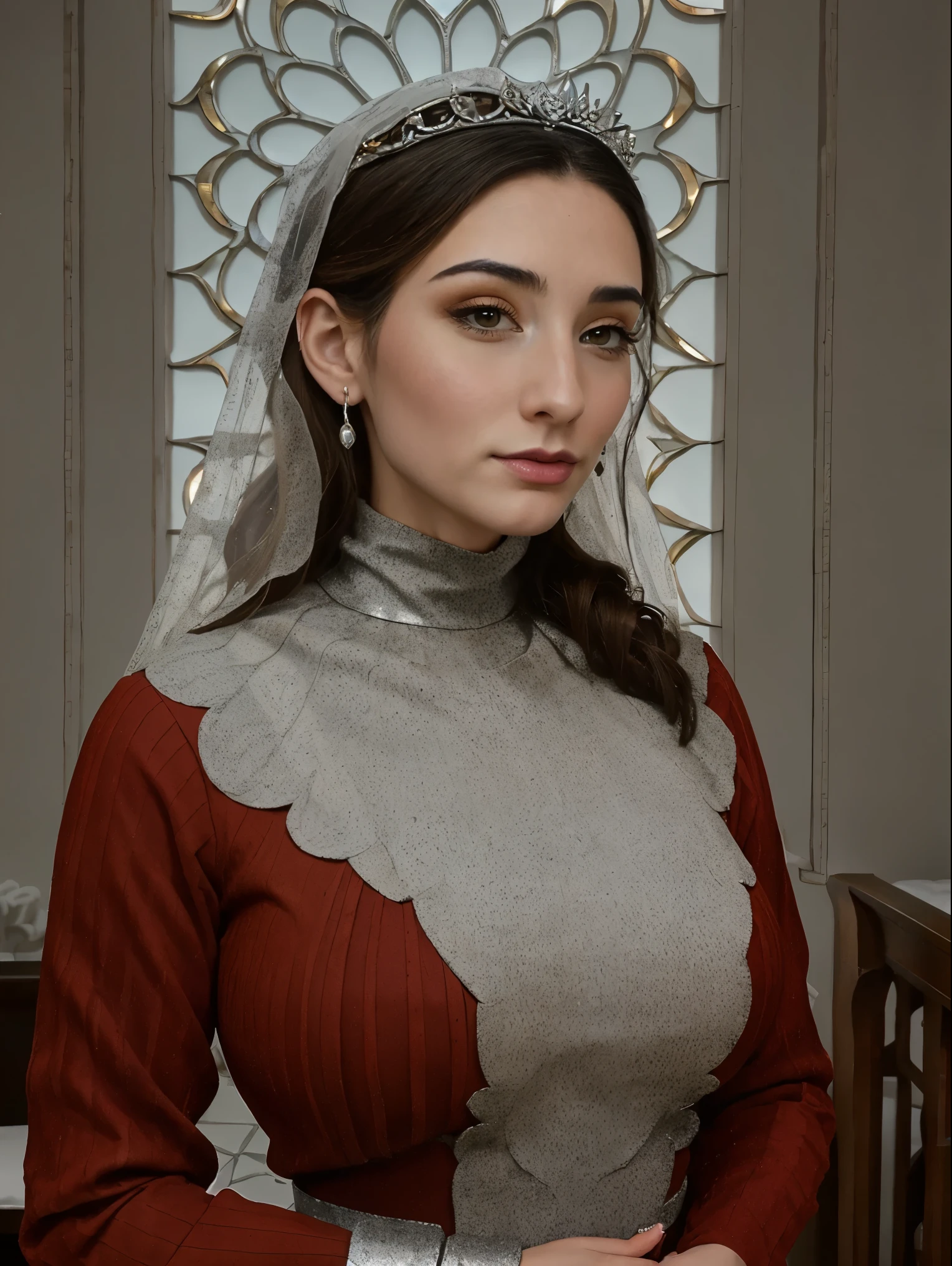 Beautiful and regal, imperious and aloof, busty athletic (thin) brunette queen with sharp facial features wearing a modest updo, dark red medieval dress, long sleeves, intricate patterns, scrollwork, wide neck, crown, veil, long dress, modest dress, tight bodice, (silver waist chain), medieval jewelry, Middle Ages, castle, rampart, wall, stained glass
