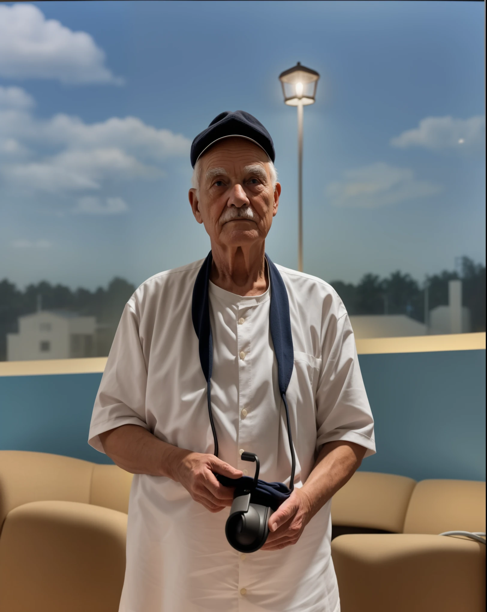 A wise old man standing in front, illuminated by the light of a lamp, against the backdrop of a library