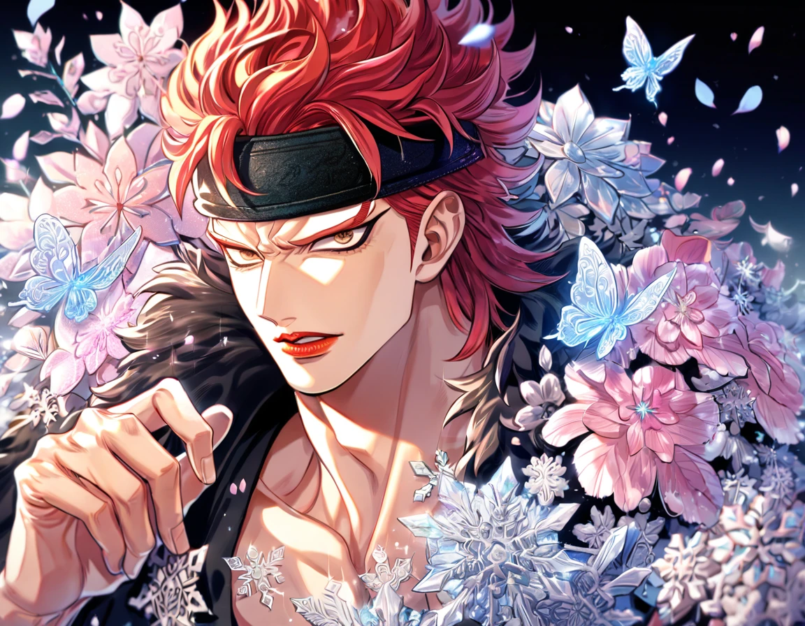 Ultra detailed, HDR, Highres, absurdres, master piece, Eustass Kid, red hair, expressive brown eyes, red lips, black cape with fur, black shirt, One Piece, handsome, ice glittering butterflies, ice, petals, ice pink glass flowers, glittering, fantasy, magical, snowflakes, cold, solo, sexy man, black headband