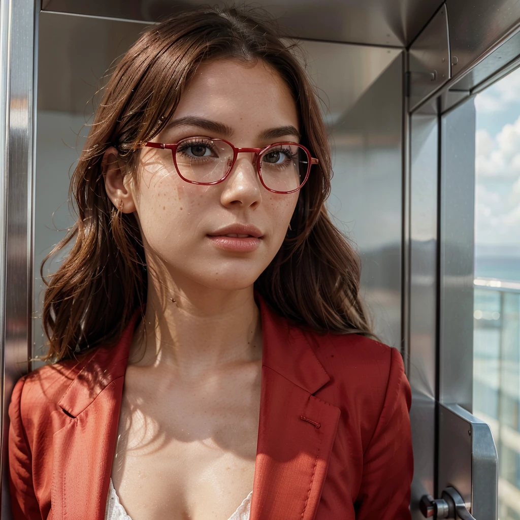 Create a very realistic and beautiful model with the following detailed features: Gender: Female, Age: Young adult (approximately 20-25 years old), Hair: Long, wavy and reddish with a natural shine, gently cascading around the shoulders and back back. . . . . . . . . . . . . . , Eyes: Bright green with a captivating, slightly almond-shaped look, detailed with natural highlights, Skin: Fair complexion with a light texture, including natural freckles on the nose and cheeks, giving a youthful and vibrant appearance: Fair complexion with a light texture, including natural freckles on the nose and cheeks, giving a youthful and lively appearance, Face: with a smooth and natural contour, soft and full lips with a slight pinkish tint and a slightly delicate upturned nose, Expression : a gentle face, with a touch of mischief, which conveys warmth and approachability, Clothing: in a red suit and red sunglasses standing in an accentor, wearing a red suit, a red suit, a red outfit, a red suit and glasses, a simple red suit, a silky red outfit, fashionable red clothes, a Girl in a suit, wears red clothes, Girl in a suit, Smooth red tight-fitting suit, wears an elegant outfit, haute couture chic, All red , Background: the model is in props, departure in elevator, elevator, elevator Pose: relaxed and confident posture, departure on an open roof, end of sunny day, sea view in the background. aesthetic, Unsplash, Neoclassicism, Complex background, Best quality, hyper detailed, Gratty Sita, 64K, Light design