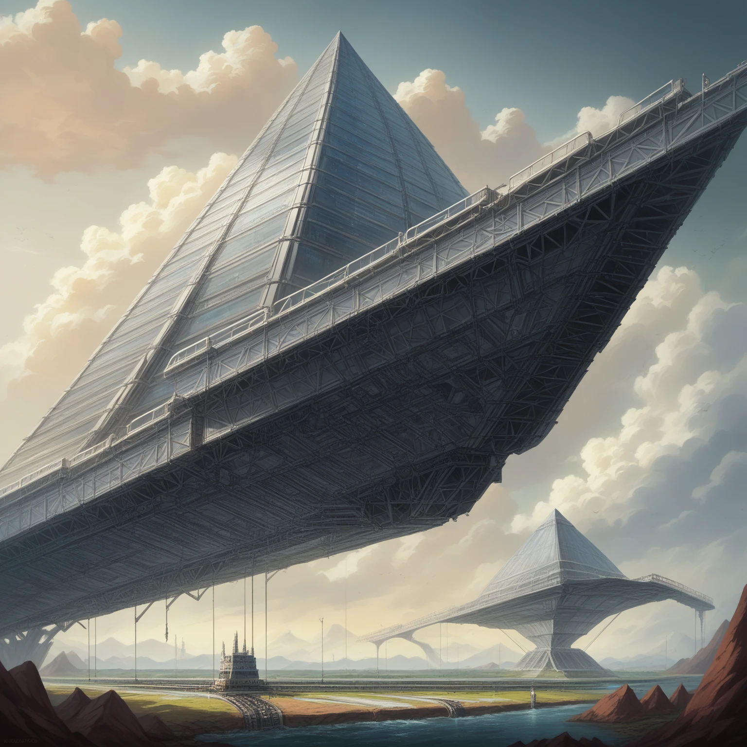 crystalline arcology pyramid, 4/4/4 kilometers in dimensions, with external maglev train transportation, waterfront, highly detailed, photorealistic, 8k, masterpiece, cinematic lighting, dramatic clouds, reflective surfaces, metallic textures, intricate architectural design, futuristic technology, advanced transportation systems, vast scale, serene water, vivid colors, dynamic composition