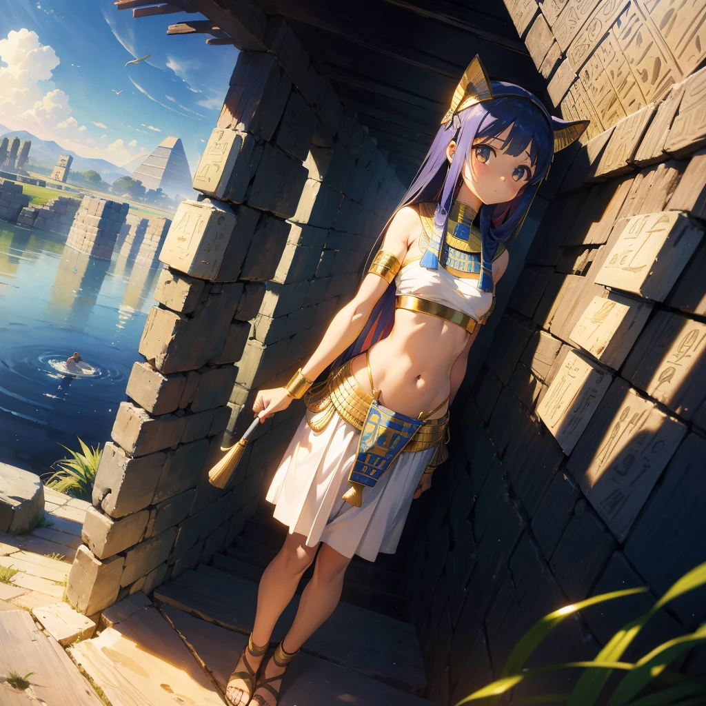 かわいいAncient Egyptの15歳の女の子、Ancient Egypt、View of the Nile、A colorful view of the whole、whole body、Low - Angle、Standing posture、Reeds are growing、Ancient Egyptの船、Ancient Egyptの風景