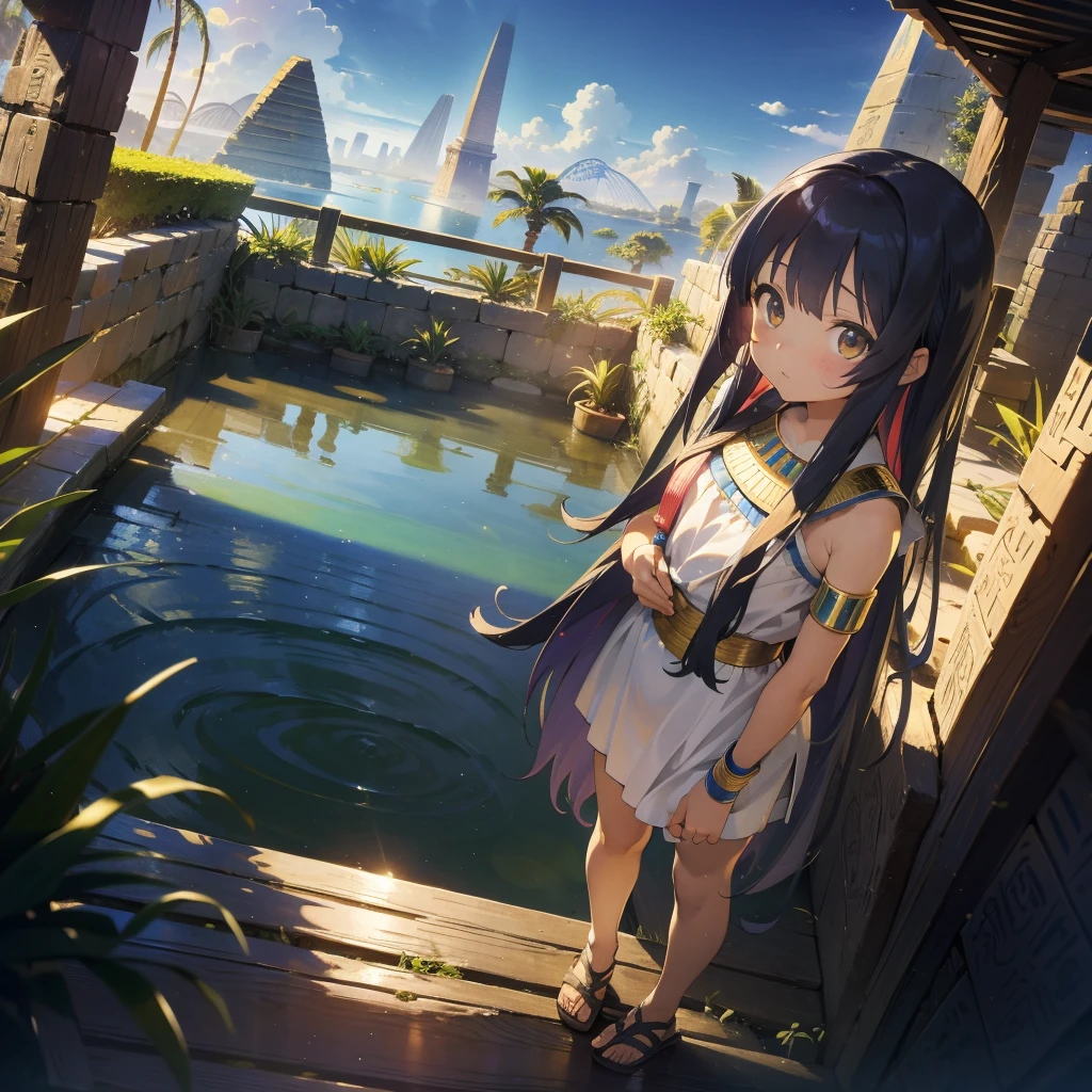 かわいいAncient Egyptの15歳の女の子、Ancient Egypt、View of the Nile、A colorful view of the whole、whole body、Low - Angle、Standing posture、Reeds are growing、Ancient Egyptの船、Ancient Egyptの風景
