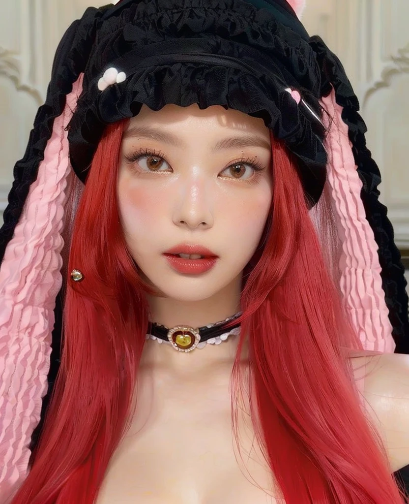 a close up of a woman with red hair wearing a black hat, belle delphine, red wig, with long floppy rabbit ears, pale red, with long red hair, ultrarealistic sweet bunny girl, pink and red color style, crimson red hair and red eyes, with red hair, with bunny ears, red dyed hair, black and red tones, Jennie Kim, jennie 