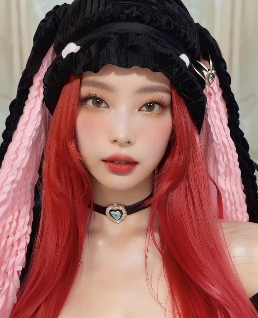 a close up of a woman with red hair wearing a black hat, belle delphine, red wig, with long floppy rabbit ears, pale red, with long red hair, ultrarealistic sweet bunny girl, pink and red color style, crimson red hair and red eyes, with red hair, with bunny ears, red dyed hair, black and red tones, Jennie Kim, jennie