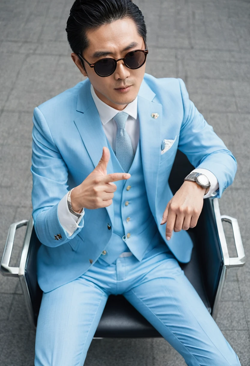 ((Highest quality)), 1 male, Wearing a light blue suit, Half of the body seen from above, He is pointing his finger、Japanese、Glasses、sunglasses、Ikeoyaji、