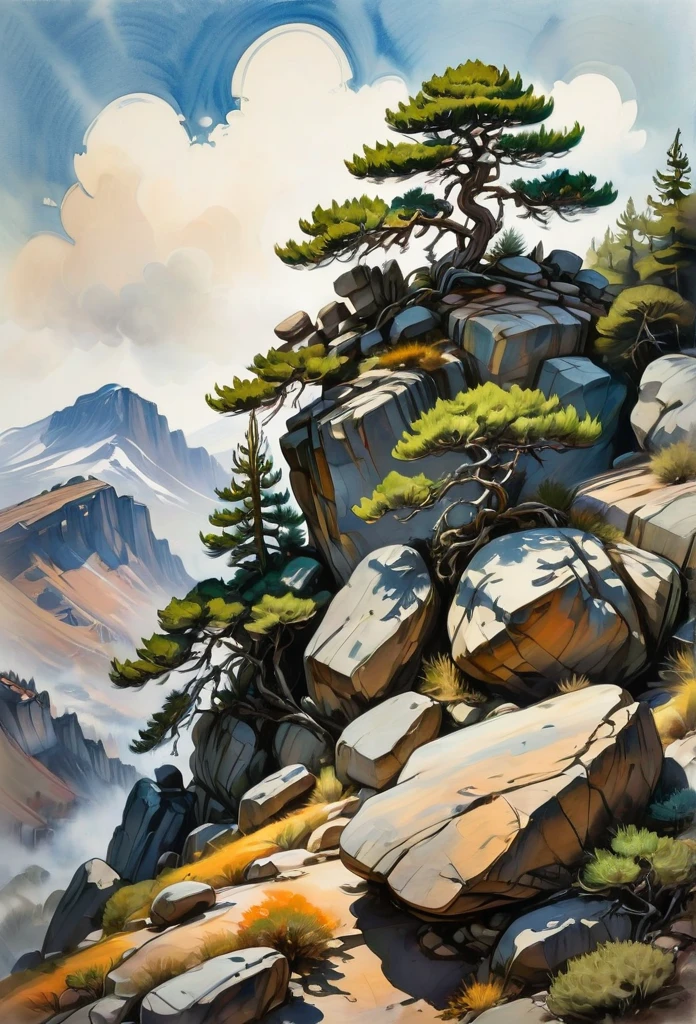 Mountain steep rocky slope.
Stones.
Juniper all over the steep slope.
Academic painting, gouache, tempera, pastel.
grunge, detailed fine drawing in ink.
