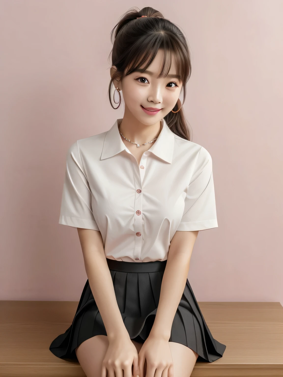 Twin tails、Earrings、very cute、Ulzzang, (8k, RAW Photos, Highest quality, masterpiece: 1.2), (Realistic, photo-Realistic: 1.37), Very detailed, 1 girl, cute, alone, Beautifully detailed skies, Detailed Coffee, Pink wall、Sitting, Date, (My nose turned red), (smile: 1.1), (Mouth closed), Medium chest, Beautiful attention to detail, (A short-sleeved shirt with a collar and an open front: 1.1), sexy、Pleated skirt,((Symmetrical eyes))、sexy、I can see your thighs、sexy