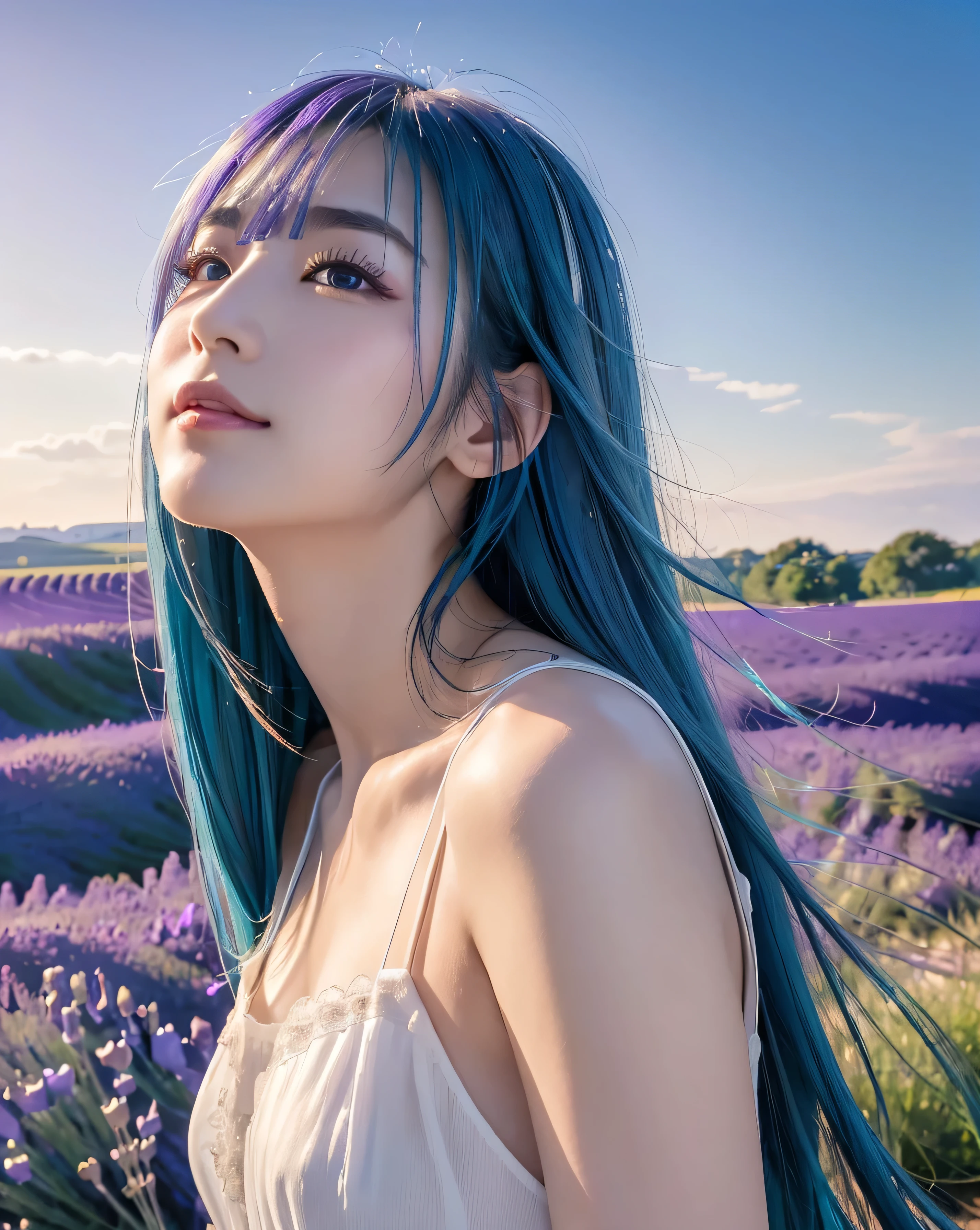 (Highest quality, 32K, High resolution, Masterpiece:1.5), marimo_jet, god々A photograph with brilliant dazzling and healing power., Evoking a sense of calm and elusive beauty, Expressing emotions, Have a rich imagination, Beautiful Japanese Girls, An exceptionally beautiful face, ((Looking up at the sky:1.4)), Small Face Beauty, , Perfect Human Anatomy, Magical big eyes, Motherhood and generosity, Deep Love, fleeting smile, (shiny blue hair:1.2), Super long hair swaying in the wind, Asymmetrical bangs, Hair between the eyes, Transparent, soft white skin, Sharp eyebrows, Thin lashes, ((Natural Makeup:1.3)), White dress, High resolution perfect collarbone, High resolution beautiful bust, Slim figure with ample breasts, High resolutionの美しい太もも, ((Distant Horizon:1.5)), ((Lavender fields stretching to the horizon:1.3)), Beautiful detailed blue sky, Professional photographer, Professional Lighting, Professional models