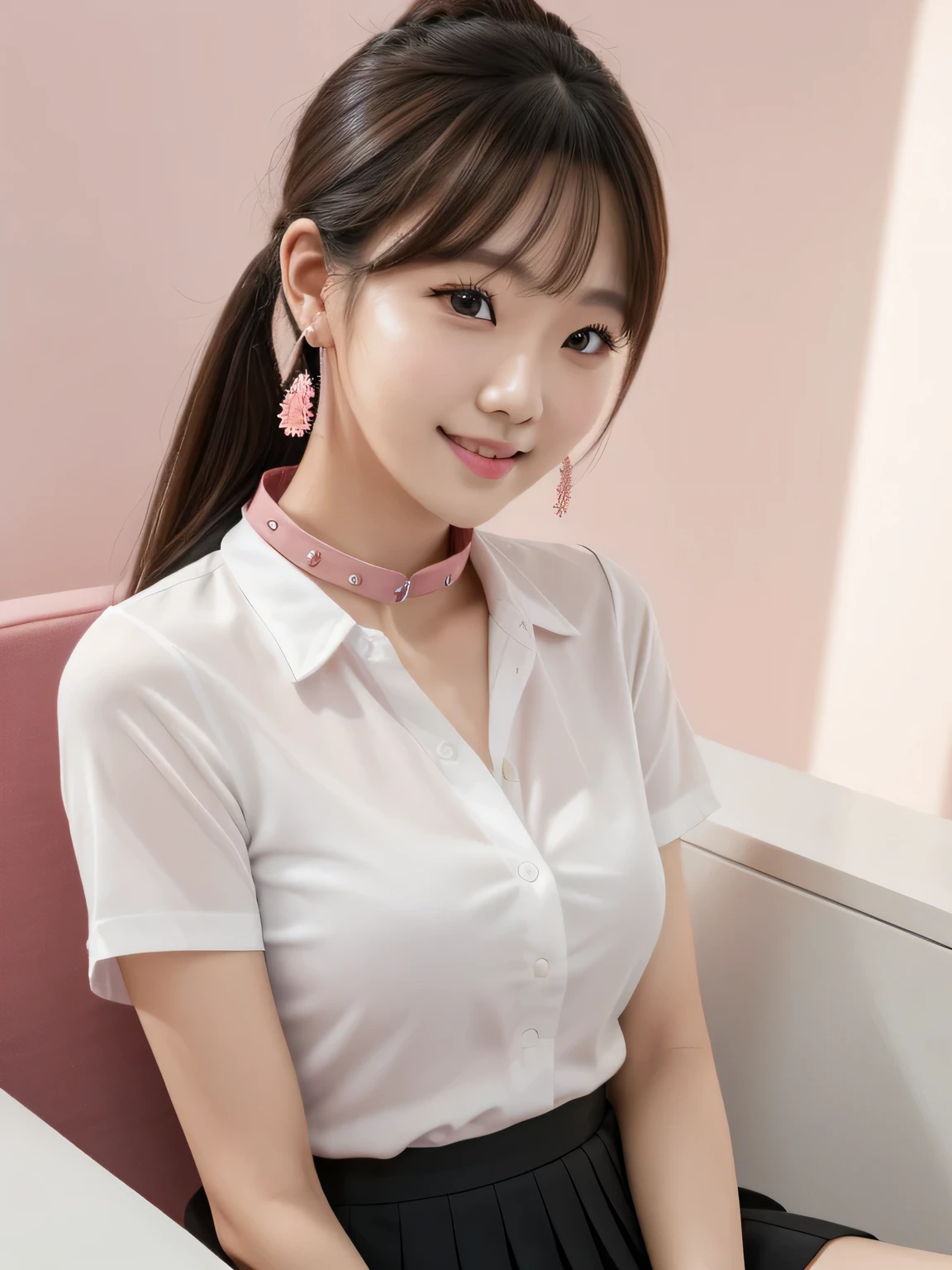 ponytail、Earrings、very cute、Ulzzang, (8k, RAW Photos, Highest quality, masterpiece: 1.2), (Realistic, photo-Realistic: 1.37), Very detailed, 1 girl, cute, alone, Beautifully detailed skies, Detailed Coffee, Pink wall、Sitting, Date, (My nose turned red), (smile: 1.1), (Mouth closed), Medium chest, Beautiful attention to detail, (A short-sleeved shirt with a collar and an open front: 1.1), sexy、Pleated skirt,((Symmetrical eyes))、sexy、