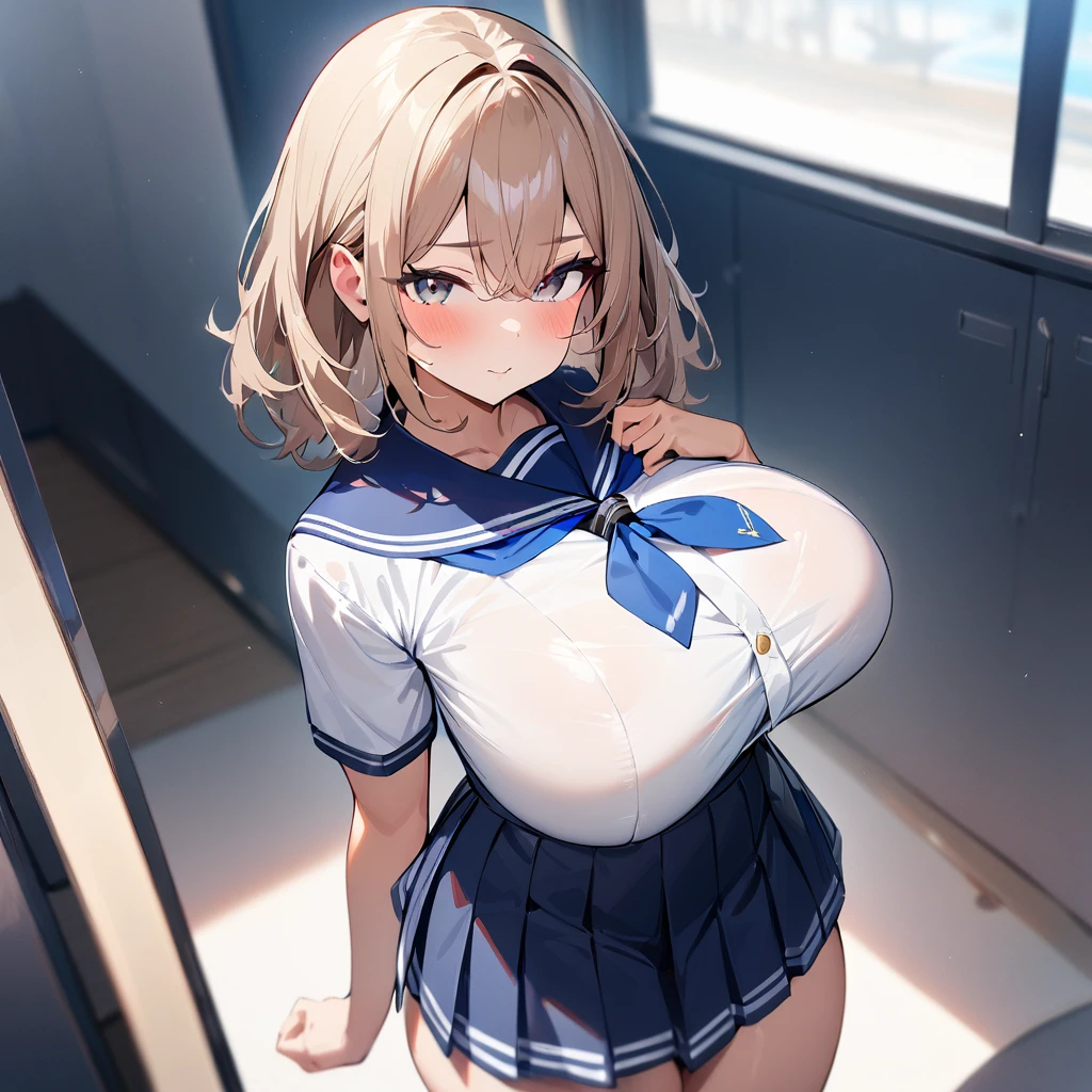 (best quality), (Super detailed), (Best Illustration), (masterpiece), score_9, score_8_up, score_7_up, 4k, (nsfw), high contrast, upper body, (1woman), (solo:1.2),{(white serafuku), (bra lift), (show off breast:1.2), (show off nipples:1.2)}, (large breasts:1.2), {brown hair, (sideburns), (bob cut:1.3), curly hair, hairs between eyes, colored inner hair}, {(detailed eyes), blue eyes}, earring, orgasm, sweat, wind, (train:1.2), 