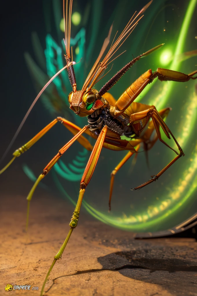 ((best quality)), ((masterpiece)), (detailed), A mechanical praying mantis with a glowing power supply on its back in the art style of magic The gathering plane of kaladesh