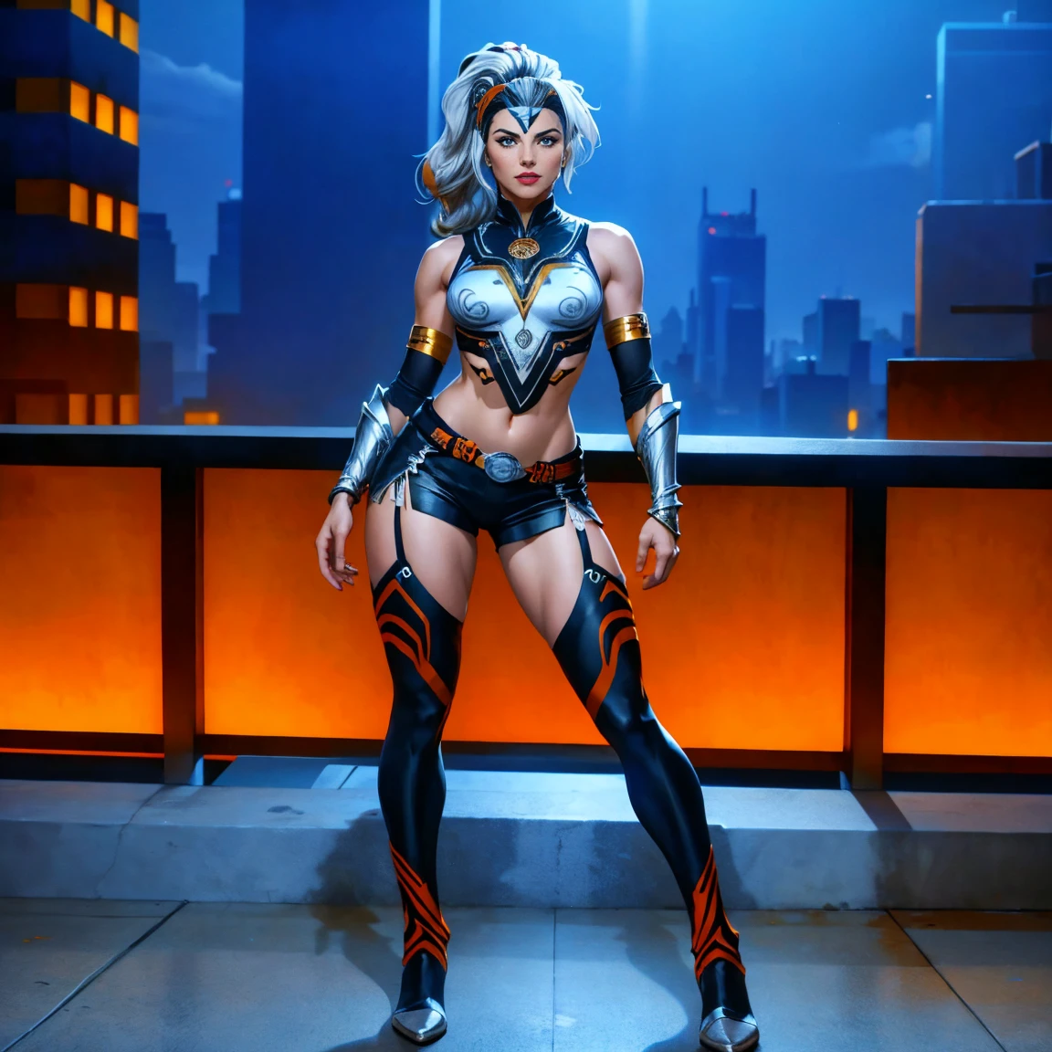 ((Full body photo, standing, feet on the floor)) (best quality,4k,8k,highres,masterpiece:1.2),ultra-detailed,(realistic,photorealistic,photo-realistic:1.37),full body shot,Rogue,X-Men,yellow thigh high boots,beauty pose, standing tall, show feet, outside,fishnet pantyhose, city rooftop at night, green headband, with Ponytail, Light Blue Eyes, Round Glasses with a Slightly Dark Lens with this Lens being Orange, and the Light Blue Color frame, ((Black Metallic Gauntlets and Greaves with Orange and Silver Highlights)), (((The Clothes Have a Mix of Modern and Tribal))), (((The Clothes Have a Mix of Modern and Tribal))), having mostly the color black, but having parts in orange, shoulders exposed, at the hip a shorts that extend to half of the thigh of black color.