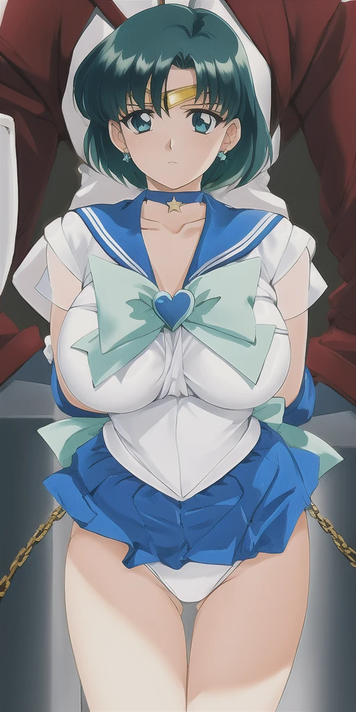 Mizuno_Which, Huge_chest, Are standing, alone, Spar SMRC_green_skirt_white_gloves_green_boots_green_star_choker_green_bowtie_green_return_bow_Circlet_heart_brooch_See through_sleeve, masterpiece, Highest quality, Detailed face, Detailed eyes, High resolution,restrained with shackles and chains:1.5