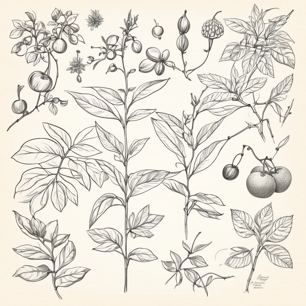 I want a drawing of a plant in the style of an old explanatory sketch, on a sheet of paper. The drawing must include all the elements of the plant: estate, Stems, leaves, flowers and fruits. It is important that the style is detailed and realistic, as if it were part of a field notebook.The drawing should be in soft and natural tones, avoiding strong colors.  Illustrations must include anatomical details, as cross sections of fruits and seeds. Ultra soft and not completely painted cherry colors