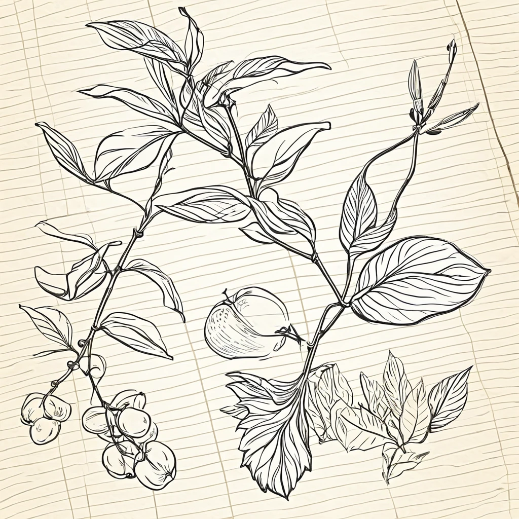 I want a drawing of a plant in the style of an old explanatory sketch, on a sheet of paper. The drawing must include all the elements of the plant: estate, Stems, leaves, flowers and fruits. It is important that the style is detailed and realistic, as if it were part of a field notebook.The drawing should be in soft and natural tones, avoiding strong colors. Illustrations must include anatomical details, as cross sections of fruits and seeds. Ultra soft and not completely painted cherry colors