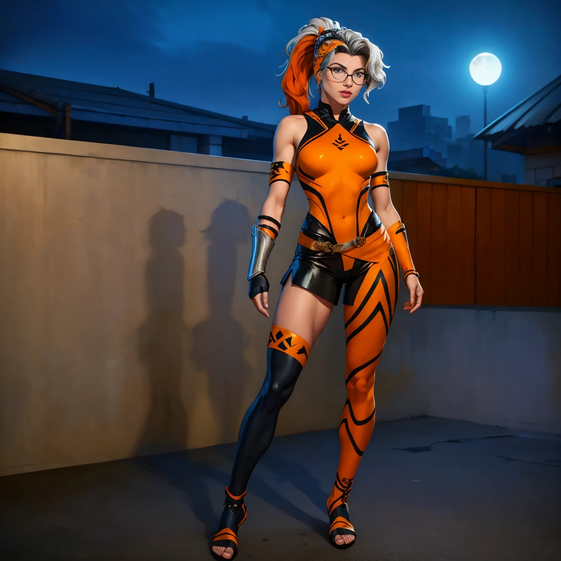 ((Full body photo, standing, feet on the floor)) (best quality,4k,8k,highres,masterpiece:1.2),ultra-detailed,fishnet pantyhose , (realistic,photorealistic,photo-realistic:1.37),full body shot,Rogue,X-Men,yellow thigh high boots,beauty pose, standing tall, show feet, outside, city rooftop at night, green headband, with Ponytail, Light Blue Eyes, Round Glasses with a Slightly Dark Lens with this Lens being Orange, and the Light Blue Color frame, ((Black Metallic Gauntlets and Greaves with Orange and Silver Highlights)), (((The Clothes Have a Mix of Modern and Tribal))), (((The Clothes Have a Mix of Modern and Tribal))), having mostly the color black, but having parts in orange, shoulders exposed, at the hip a shorts that extend to half of the thigh of black color.