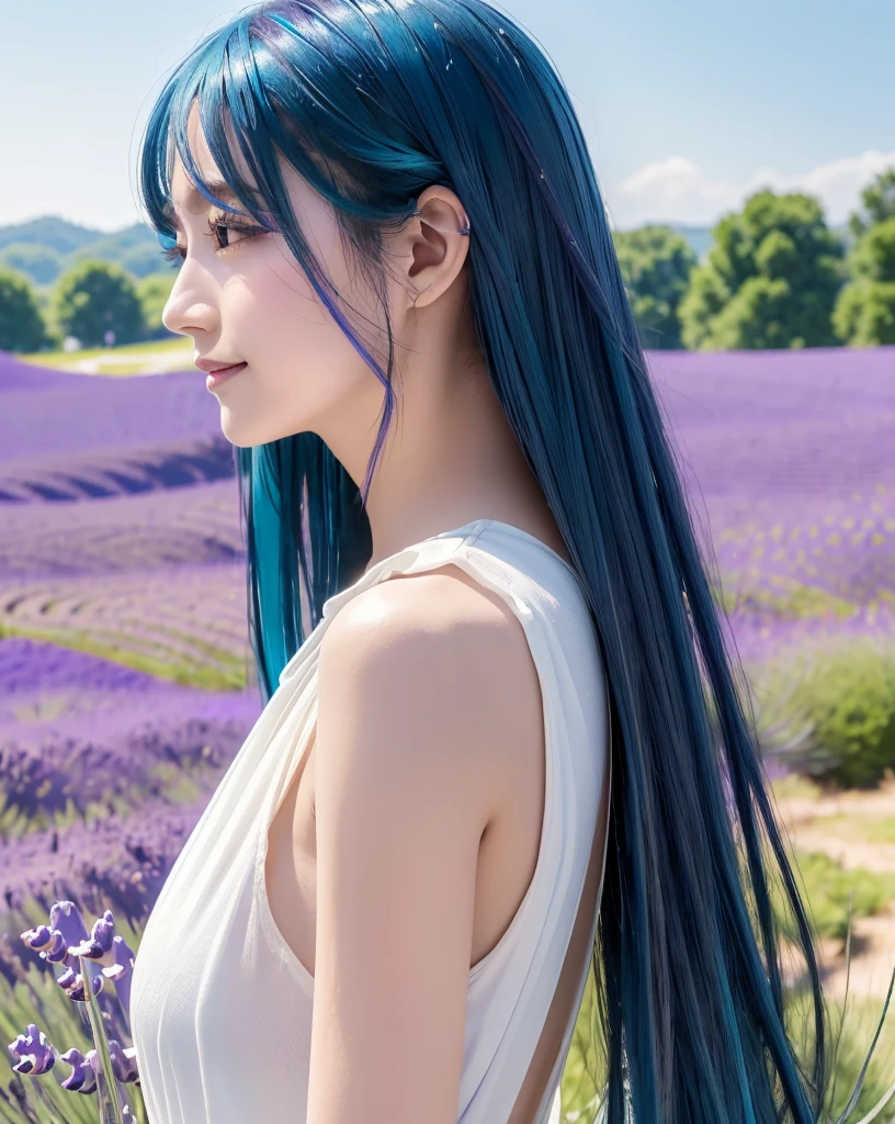 (Highest quality, 32K, High resolution, Masterpiece:1.5), marimo_jet, god々A photograph with brilliant dazzling and healing power., Evoking a sense of calm and elusive beauty, Expressing emotions, Have a rich imagination, Beautiful Japanese Girls, An exceptionally beautiful face, ((profile:1.4)), Small Face Beauty, , Perfect Human Anatomy, Magical big eyes, Motherhood and generosity, Deep Love, fleeting smile, (shiny blue hair:1.2), Super long hair swaying in the wind, Asymmetrical bangs, Hair between the eyes, Transparent, soft white skin, Sharp eyebrows, Thin lashes, ((Natural Makeup:1.3)), White dress, High resolutionの完璧な鎖骨, High resolutionの美しい胸元, Slim figure with ample breasts, High resolutionの美しい太もも, ((Distant Horizon:1.5)), ((Lavender fields stretching to the horizon:1.3)), Beautiful detailed blue sky, Professional photographer, Professional Lighting, Professional models