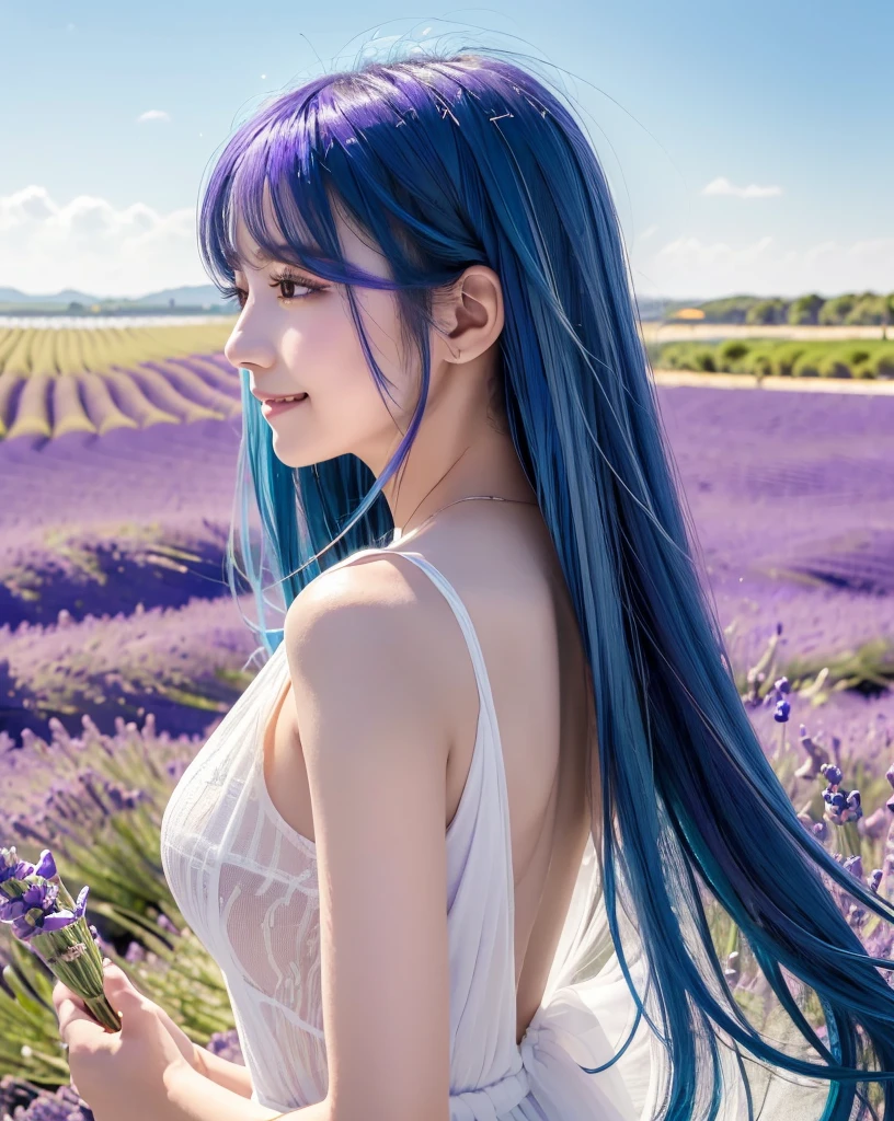 (Highest quality, 32K, High resolution, Masterpiece:1.5), marimo_jet, god々A photograph with brilliant dazzling and healing power., Evoking a sense of calm and elusive beauty, Expressing emotions, Have a rich imagination, Beautiful Japanese Girls, An exceptionally beautiful face, ((profile:1.4)), Small Face Beauty, , Perfect Human Anatomy, Magical big eyes, Motherhood and generosity, Deep Love, fleeting smile, (shiny blue hair:1.2), Super long hair swaying in the wind, Asymmetrical bangs, Hair between the eyes, Transparent, soft white skin, Sharp eyebrows, Thin lashes, ((Natural Makeup:1.3)), White dress, High resolutionの完璧な鎖骨, High resolutionの美しい胸元, Slim figure with ample breasts, High resolutionの美しい太もも, ((Distant Horizon:1.5)), ((Lavender fields stretching to the horizon:1.3)), Beautiful detailed blue sky, Professional photographer, Professional Lighting, Professional models