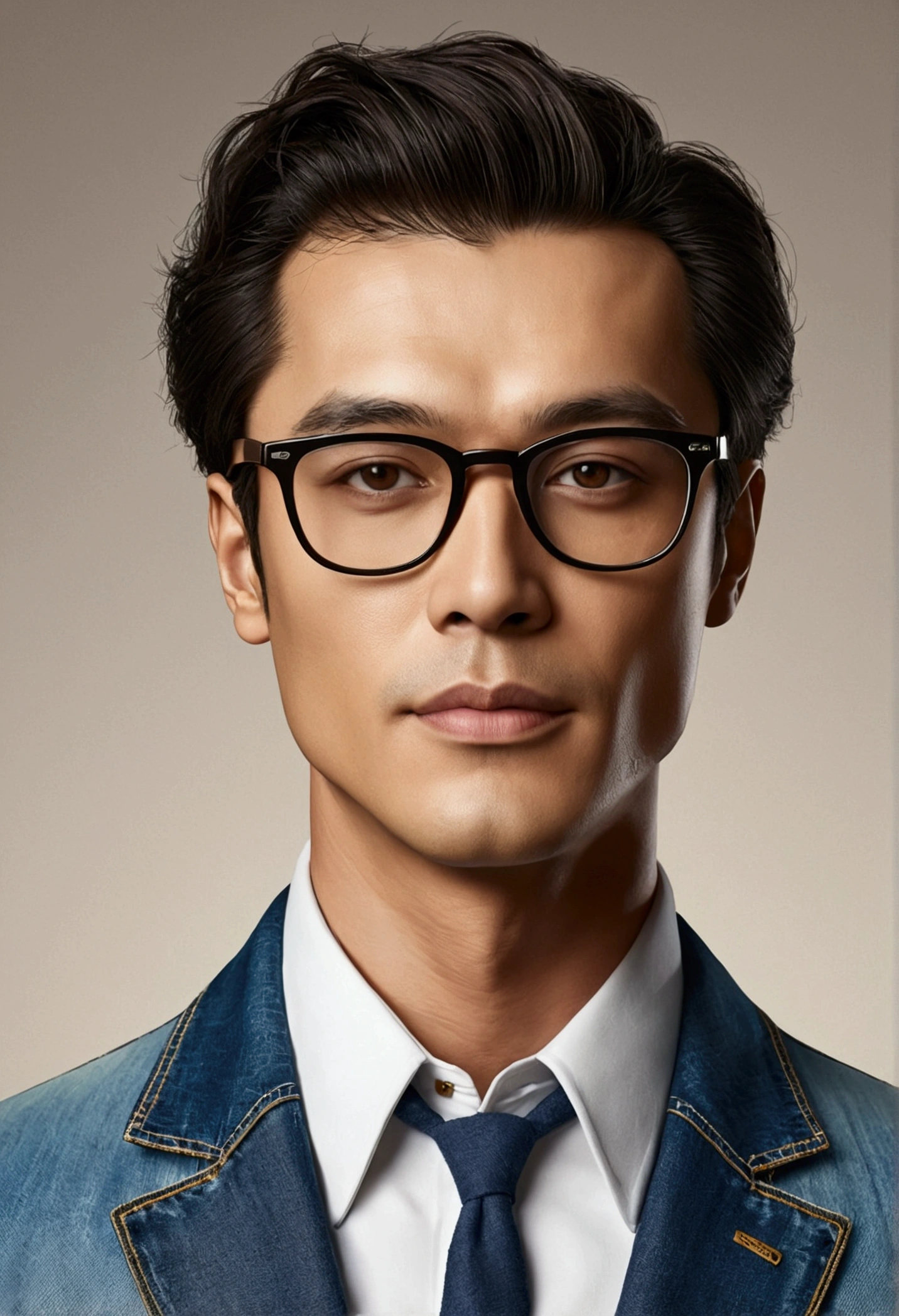 Using AI-generated tools, Create an image of a classy man in a jacket and jeans, On his face he has stylish glasses. He is an artistic「Thank you for the warm wishes」She should be elegantly holding a sign that reads.