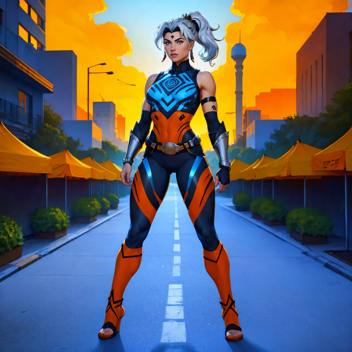 ((Full body photo, standing, feet on the floor)) (best quality,4k,8k,highres,masterpiece:1.2),ultra-detailed,(realistic,photorealistic,photo-realistic:1.37),full body shot,Rogue,X-Men,yellow thigh high boots,beauty pose, standing tall, show feet, outside, city rooftop at night, green headband, with Ponytail, Light Blue Eyes, Round Glasses with a Slightly Dark Lens with this Lens being Orange,fishnet pantyhose, and the Light Blue Color frame, ((Black Metallic Gauntlets and Greaves with Orange and Silver Highlights)), (((The Clothes Have a Mix of Modern and Tribal))), (((The Clothes Have a Mix of Modern and Tribal))), having mostly the color black, but having parts in orange, shoulders exposed, at the hip a shorts that extend to half of the thigh of black color.
