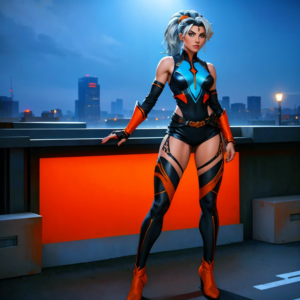 ((Full body photo, standing, feet on the floor)) (best quality,4k,8k,highres,masterpiece:1.2),ultra-detailed,(realistic,photorealistic,photo-realistic:1.37),full body shot,Rogue,X-Men,yellow thigh high boots,beauty pose, standing tall, show feet, outside, city rooftop at night, green headband, with Ponytail, Light Blue Eyes, Round Glasses with a Slightly Dark Lens with this Lens being Orange,fishnet pantyhose,  and the Light Blue Color frame, ((Black Metallic Gauntlets and Greaves with Orange and Silver Highlights)), (((The Clothes Have a Mix of Modern and Tribal))), (((The Clothes Have a Mix of Modern and Tribal))), having mostly the color black, but having parts in orange, shoulders exposed, at the hip a shorts that extend to half of the thigh of black color.