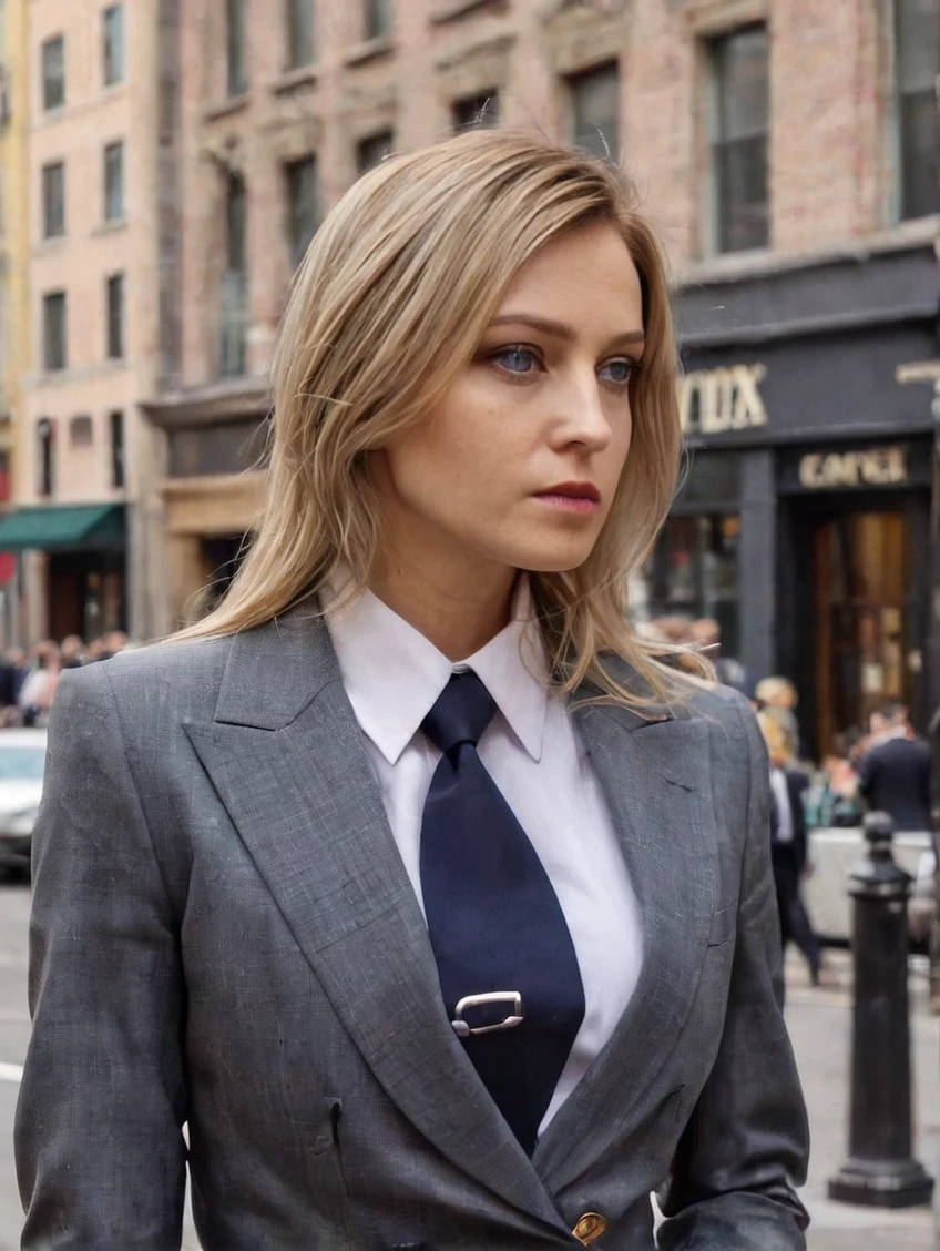 a beautiful picture of natpokXL, detailed skin texture,masterpiece, photorealistic, woman, 4k, RAW color photo,(fully in frame:1.1), (blush:0.5), (goosebumps:0.5),blonde,city streets, skirt suit, (((three-piece suit))), (((dress shirt))), (((necktie))), (((blazer))), (((suit jacket))), (((waistcoat))), double-breasted waistcoat, (((bodycon pencil skirt))), pocket square, cufflinks, tie clip, tight clothing, formal clothing,