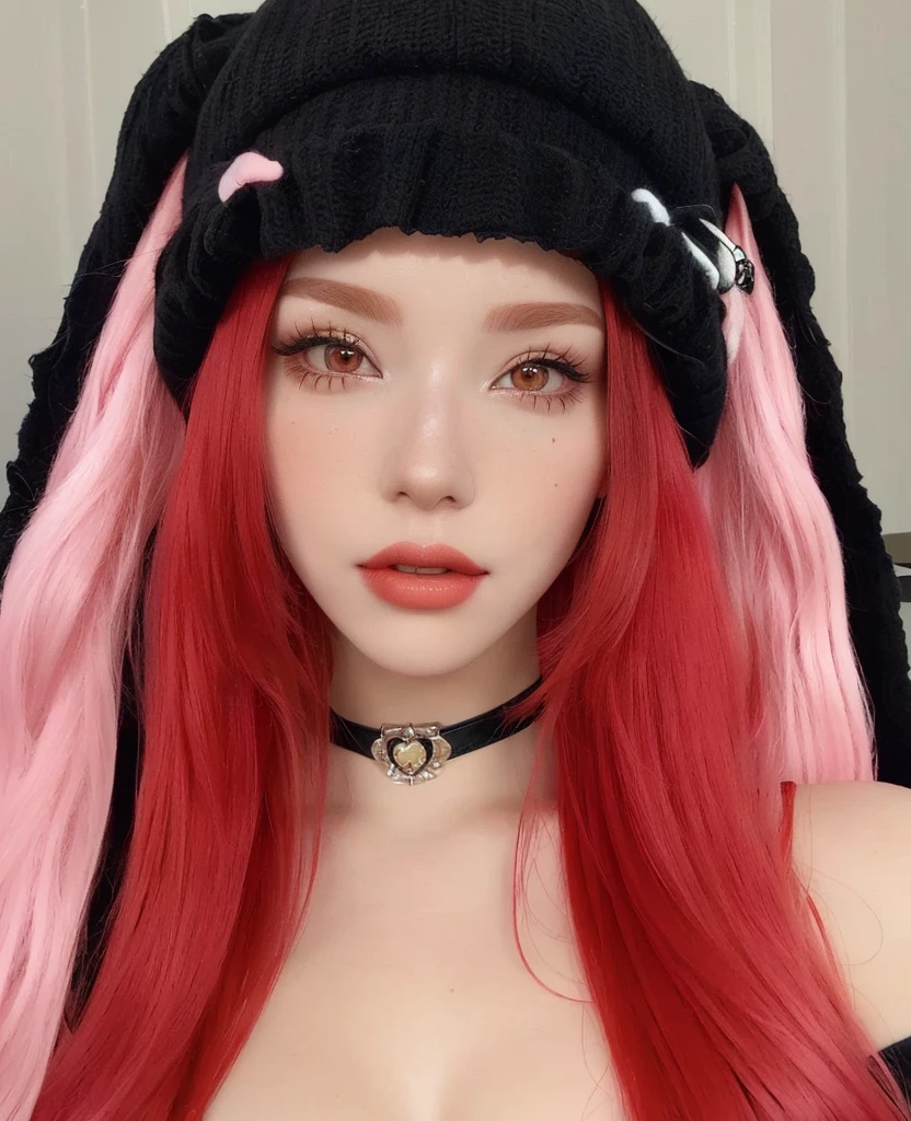 a close up of a woman with red hair wearing a black hat, belle delphine, red wig, with long floppy rabbit ears, pale red, with long red hair, ultrarealistic sweet bunny girl, pink and red color style, crimson red hair and red eyes, with red hair, with bunny ears, red dyed hair, black and red tones, Karina aespa, karina