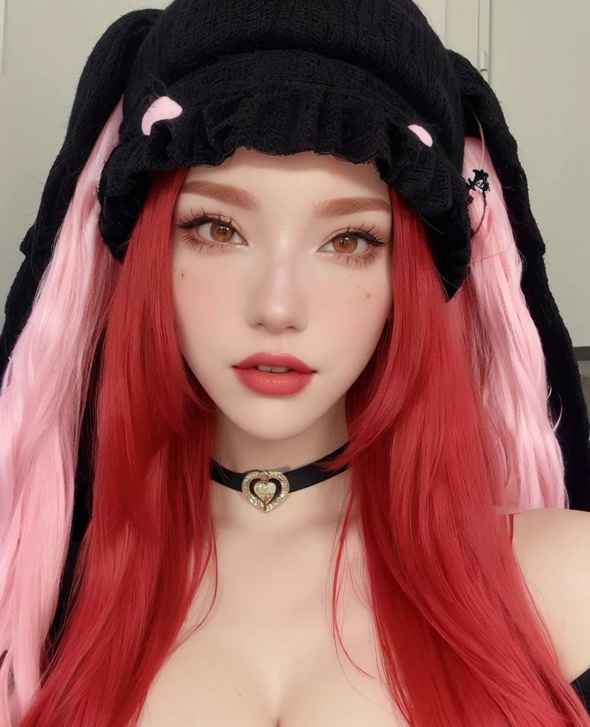 a close up of a woman with red hair wearing a black hat, belle delphine, red wig, with long floppy rabbit ears, pale red, with long red hair, ultrarealistic sweet bunny girl, pink and red color style, crimson red hair and red eyes, with red hair, with bunny ears, red dyed hair, black and red tones, Karina aespa, karina