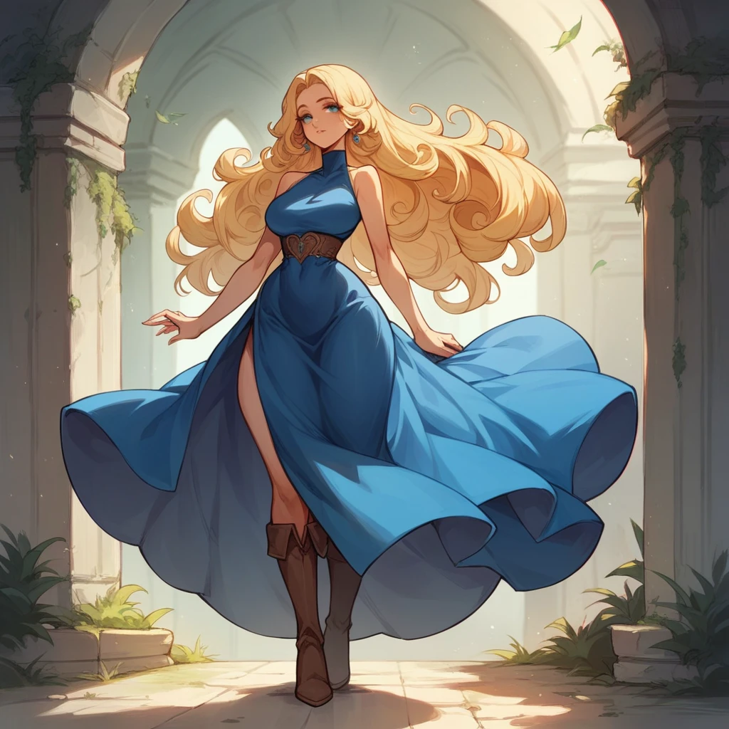 Beautiful woman 25 years old, not very high, long curly light blonde hair, Thin waist, big tits, well-shaped and large hips. in a sexy blue dress, long boots, It's on a street corner, evening, she holds a purse, a fat and bald old man asks him some questions
