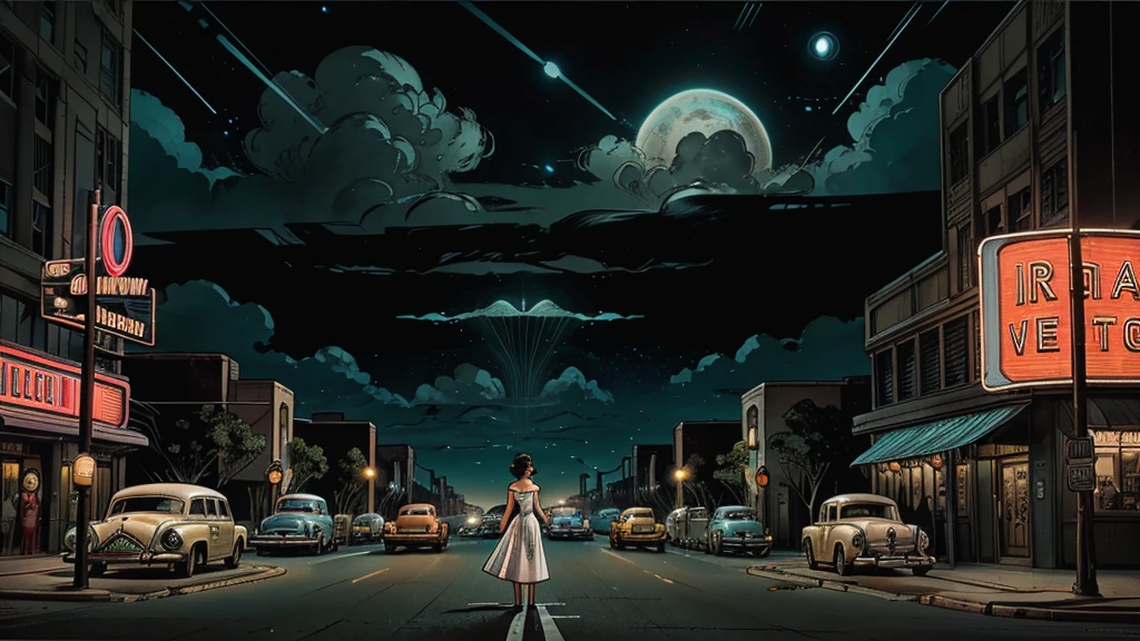 a 1950s housewife meeting alien grays, a 1950s housewife meeting alien grays, she has a narrow waist, large breasts, 50s hairstyle hair, she is staring at 3 tiny alien grays with large eyes, popping colors, contrast, detailed realistic cinematic scene, cinematic lighting, dramatic sky with clouds, abandoned vintage car, old-fashioned buildings, neon signs, 1950s era atmosphere, vibrant colors, hyper-realistic, 8k, ultra-detailed