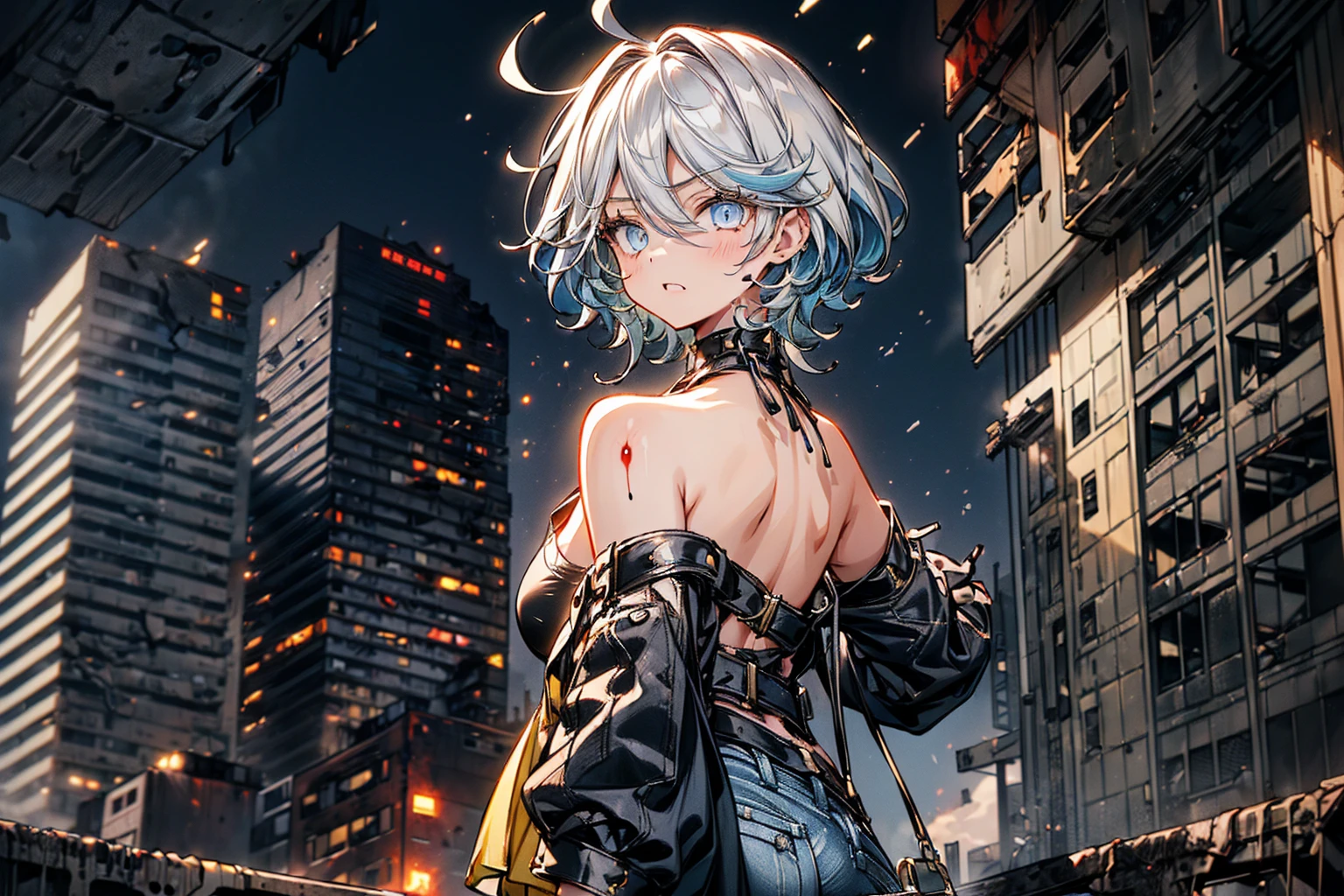 ((1 GIRL)) ((High Resolution)) ((10k,asian girl)), ((Japanese)) (( physically mature female)) (( average sized breasts)), 25-year-old, (( 2d anime girl)), ((short dark-haired)), ((windswept hair)) ((ultra high quality))((flawless))((4k UHD)) ((Best Quality)) ((Daytime)) ((eyes glowing yellow )), wearing a ((black long sleeve shoulderless, blank T-shirt)) wearing ((blue jeans)) and black and yellow sneakers with (((blood splattered))) on it and her face, standing in the street ((facing front and center turned toward the camera)) in a ((ruined city)) filled with ((heavily damaged)) and worn (( tall skyscrapers with gaping holes in their structures while on fire)) and ((crushed vehicles on fire)) ((city in ruins)) and small and ((raging fires all around)) and an ((intimidating)) look on her face.