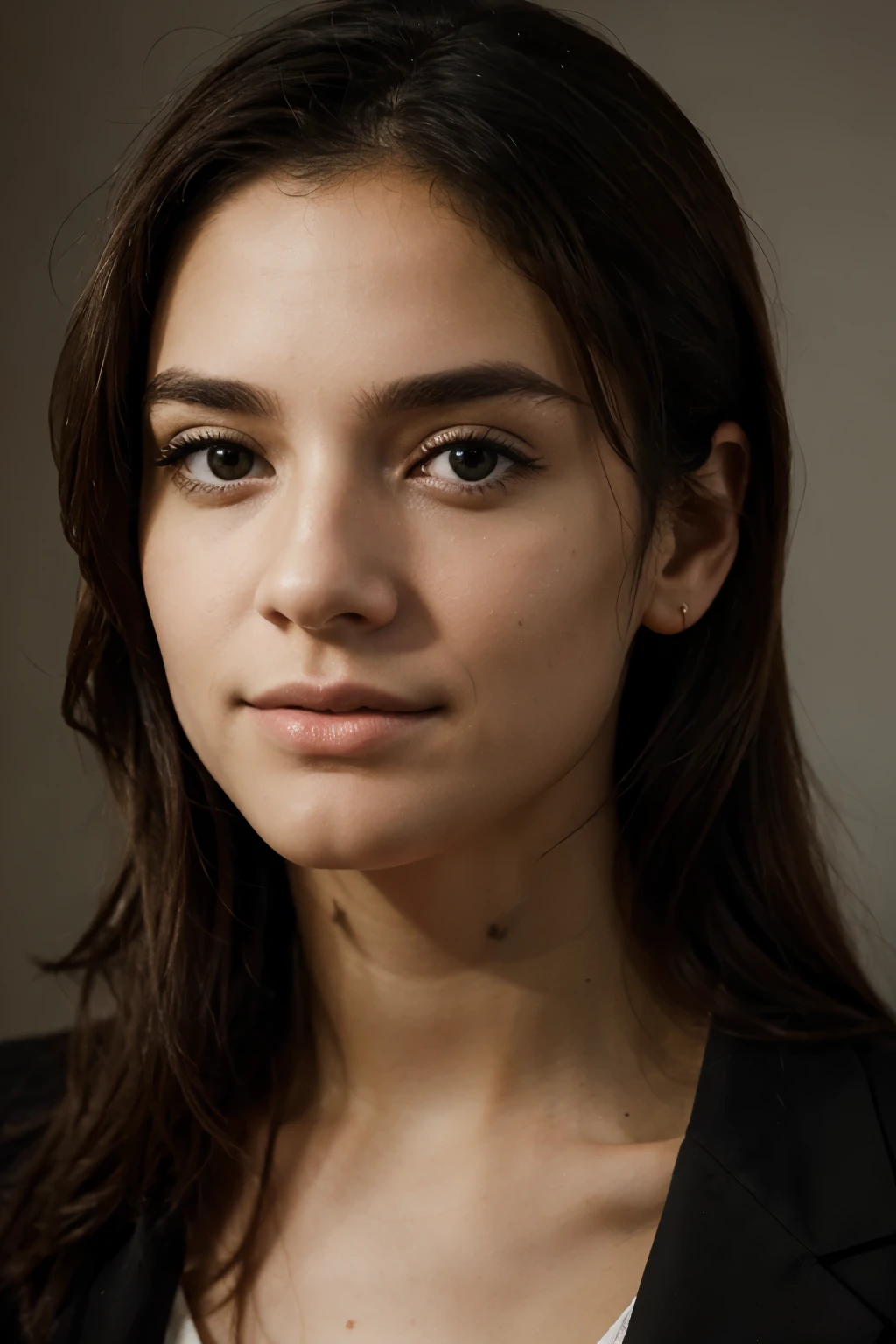 Un portrait photoréaliste d'une jeune fille de 25 ans aux longues, cheveux châtains flottants et yeux marron frappants. Elle aurait dû avoir du naturel, des lèvres attrayantes et une ambiance chaleureuse, expression accessible, Illuminé par doux, soleil de l'heure d'or. Elle devrait se tenir droite devant la caméra, et l'arrière-plan doit être blanc uni. Capturez cette image avec une photo haute résolution à l'aide d'un objectif 85 mm pour une perspective flatteuse. Faut que la meuf soit le plus naturel possible et fasse à la caméra