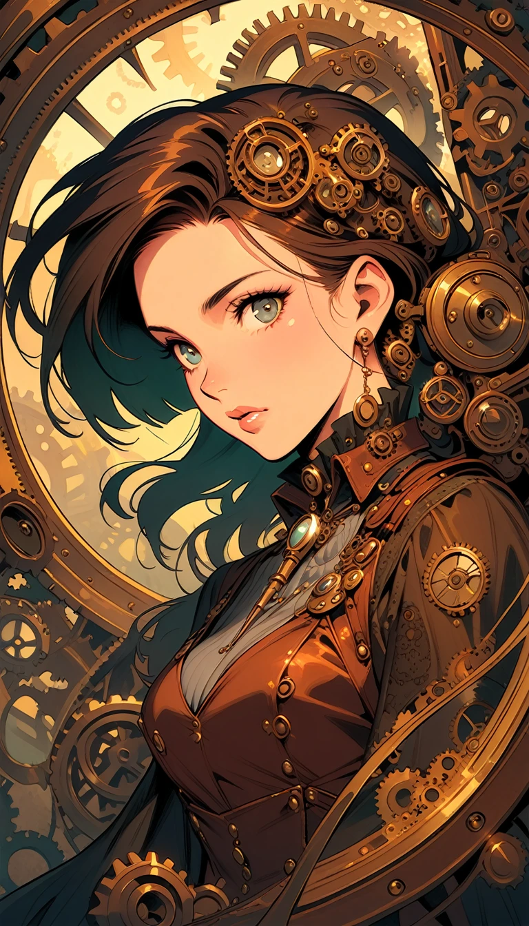 (a sticker,),(3D anime girl),bikini, elegance,beautyful face,(In circlerown background), (steampunk border), ultra - detailed, best quality, Detailed diagram, vectorized, 8K, 专业a sticker设计, Graphic design, vector lines, a sticker, Full-HD